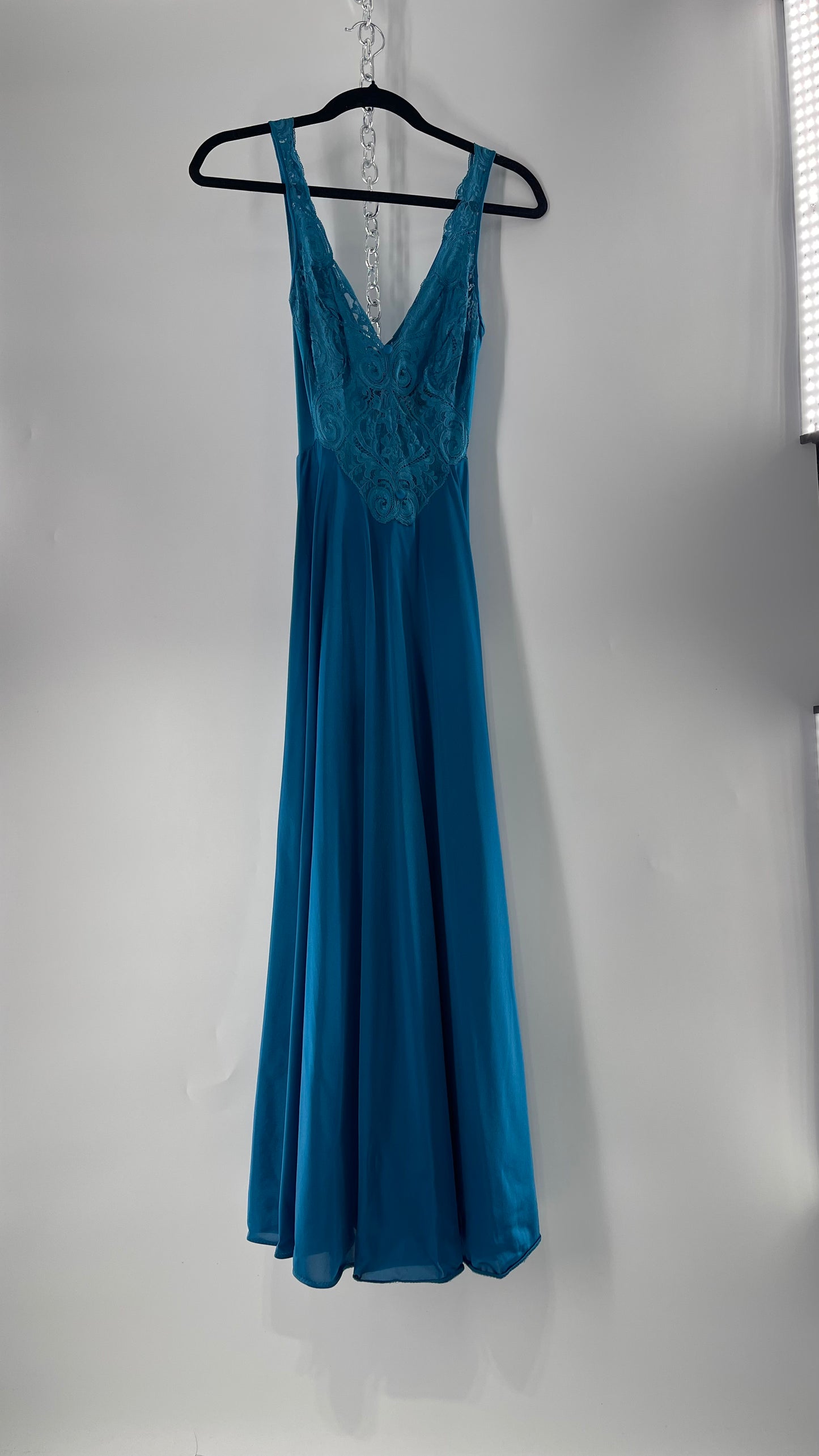 Vintage Olga Intimates Floor Length Voluminous Blue Jewel Toned Maxi Dress/Night Gown with Lace Bust (Small)