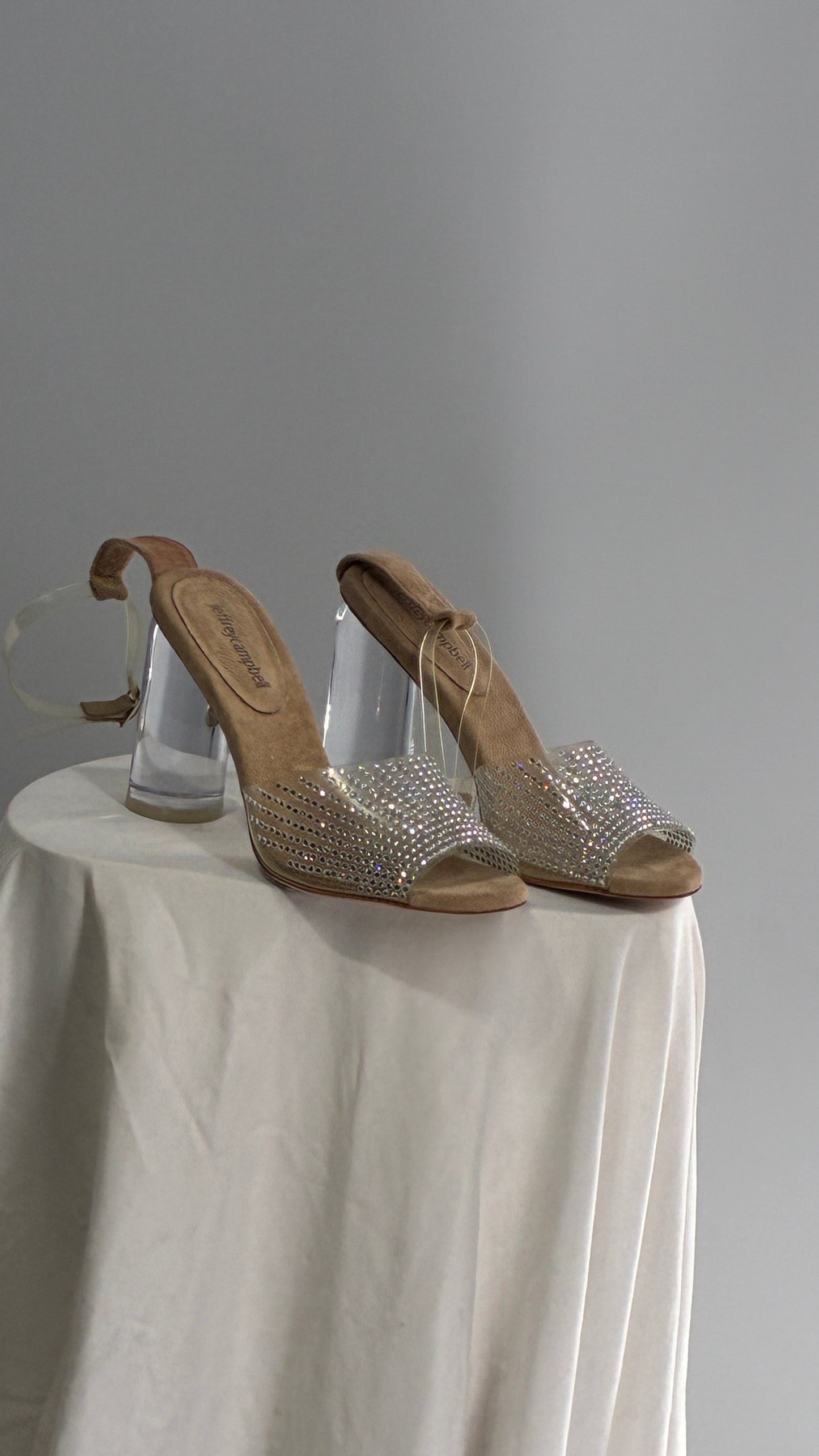 JEFFREY CAMPBELL Lucite Heel Suede Sole, Clear Strap Rhinestone Heel (8)