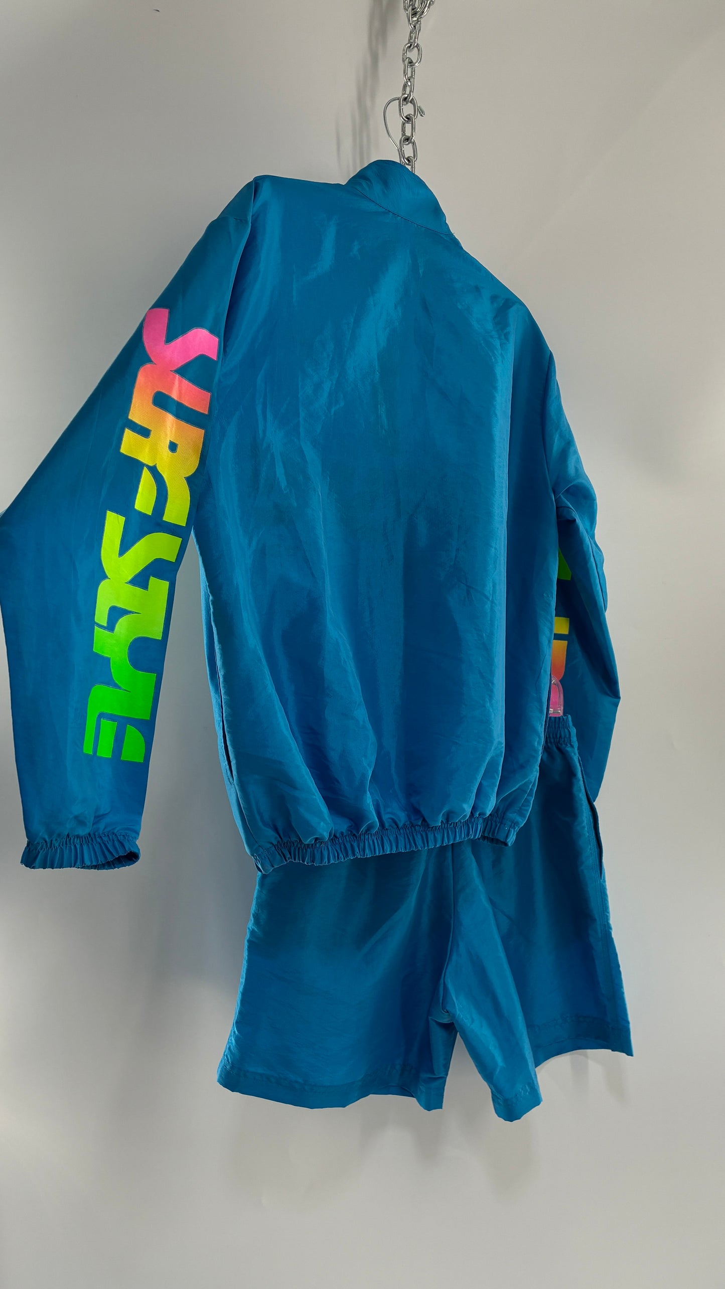 Vintage 1980s SURF STYLE Unisex Blue Track Workout Set with Windbreaker and Shorts, Neon Graphics (Small)