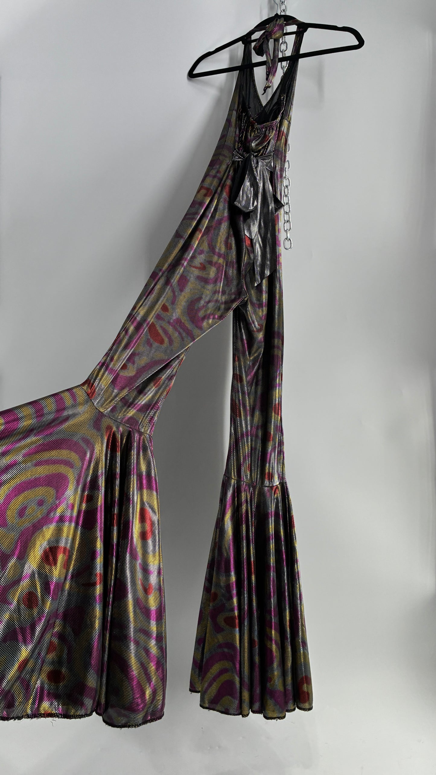 1970s Style Bell Bottom Psychedelic Metallic Jumpsuit with Waist Cinching Back Ties (S/M)