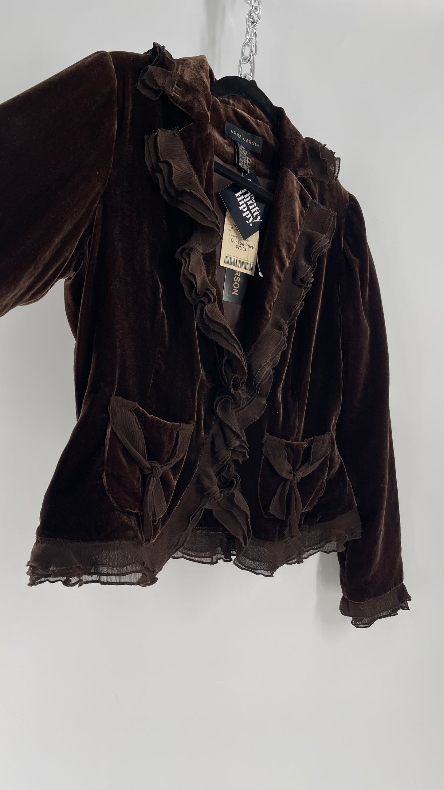 Deadstock Vintage Brown Velvet Anne Carson Blazer with Delicate Crepe Ruffled Hem and Bow Pockets (Medium)