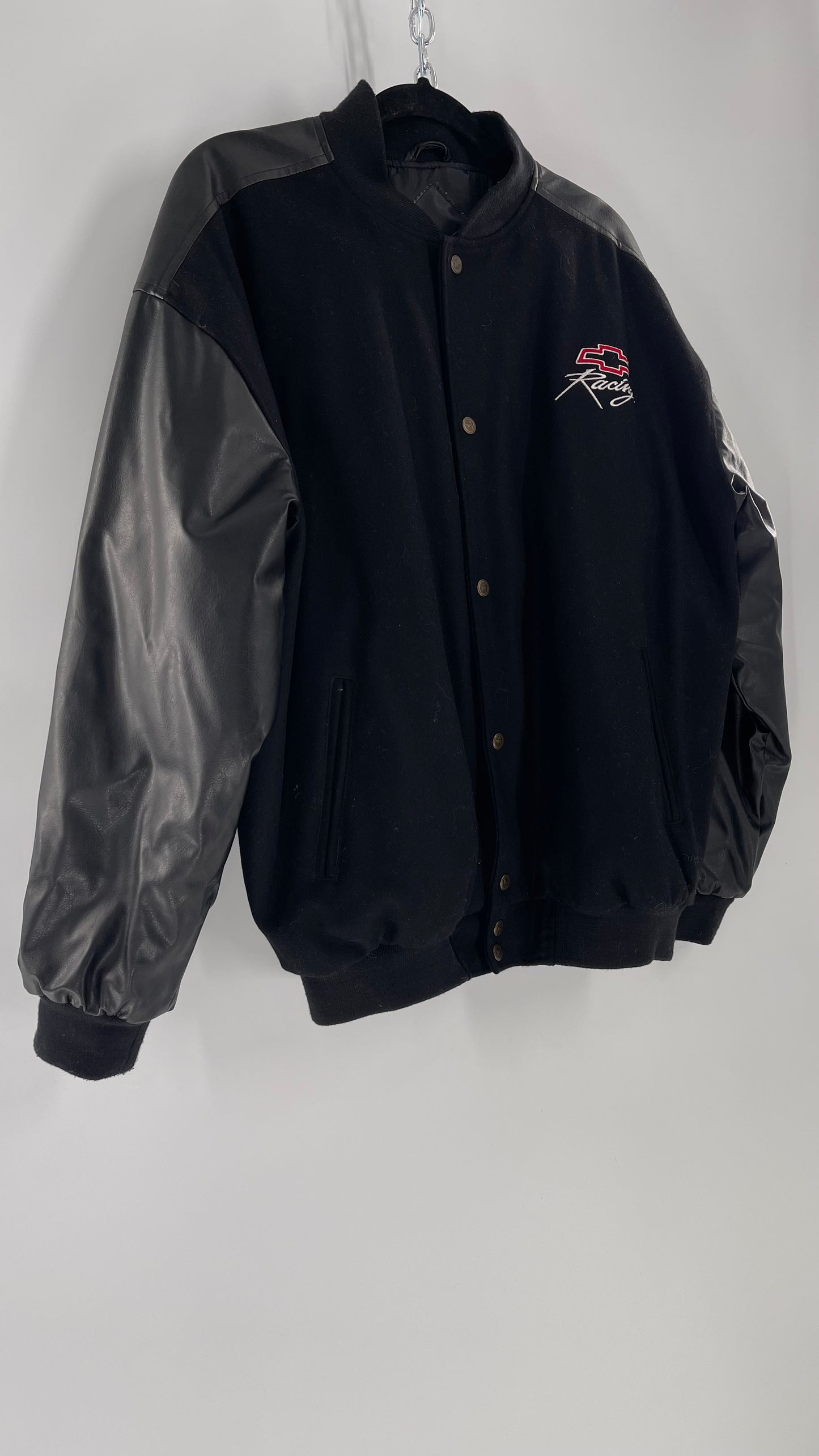 Vintage Chevy Racing Varsity Bomber Jacket with Red Logo Embroidery (Large)