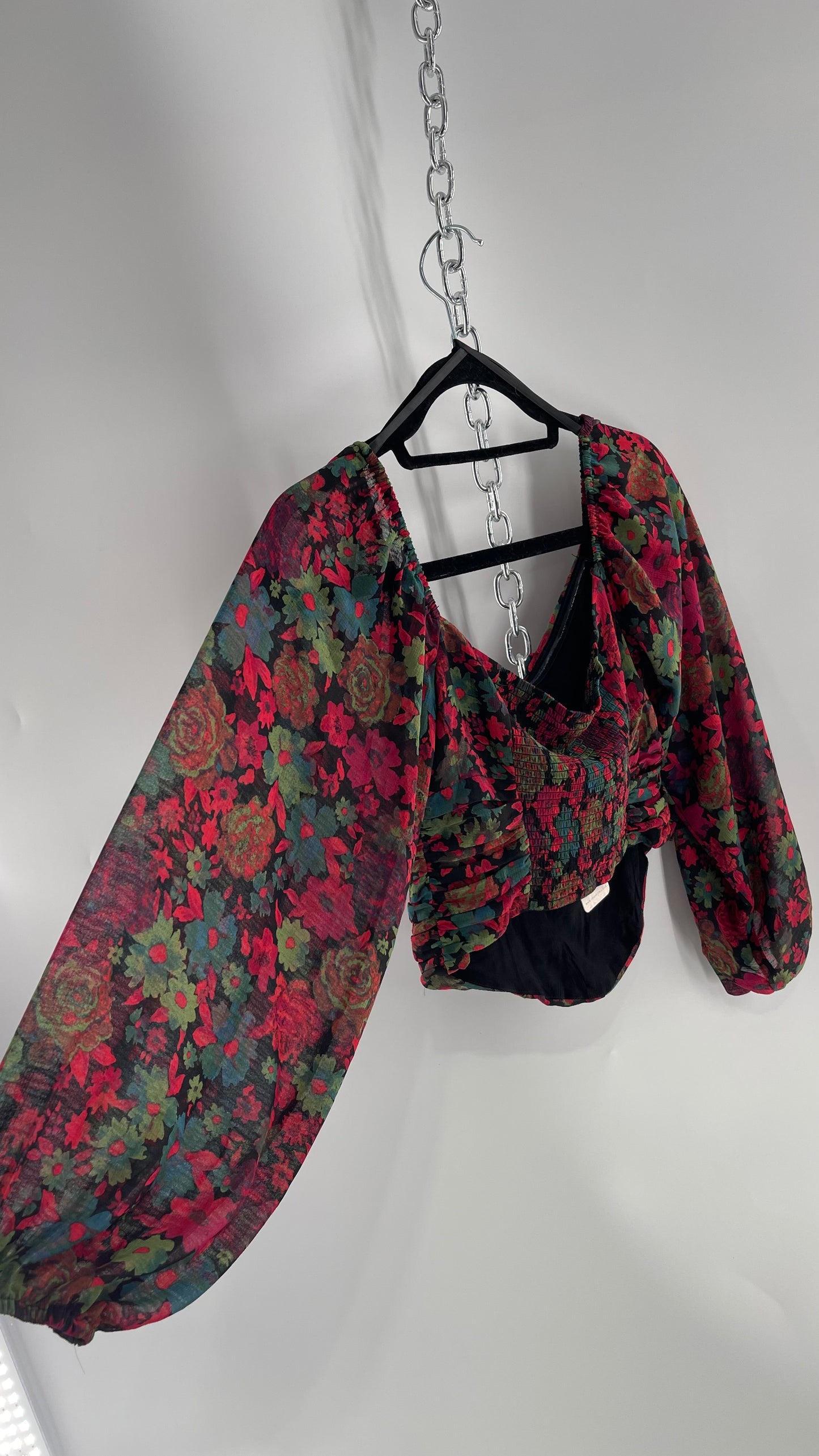 Free People Cropped Floral Blouse with Ruched Body, Balloon Sleeves and Appliqué Rosette Bustline with Tags Attached (Small)