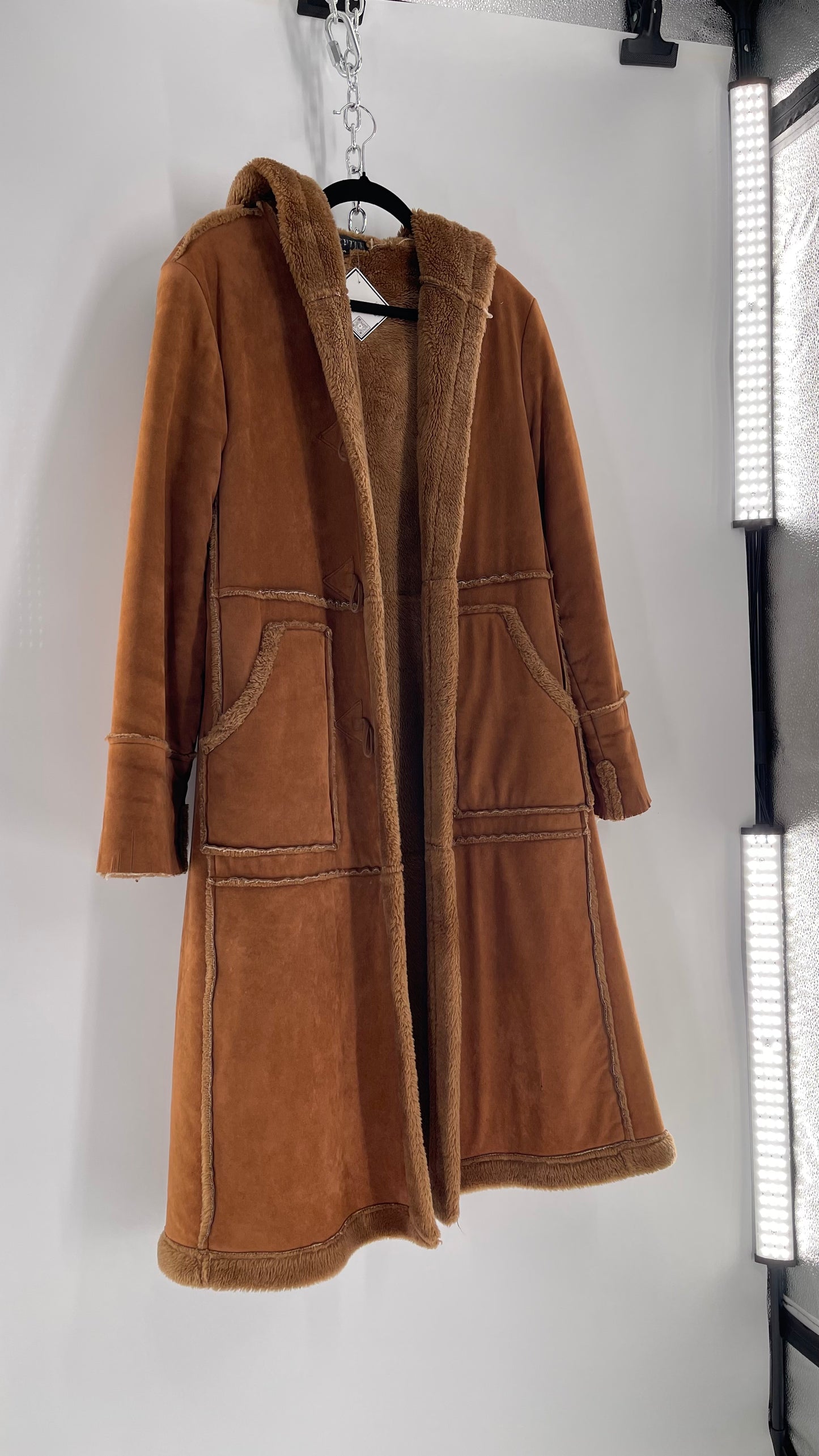 Vintage Faux Suede Long Hooded Coat with Fur Trim/Piping (C)(Medium)
