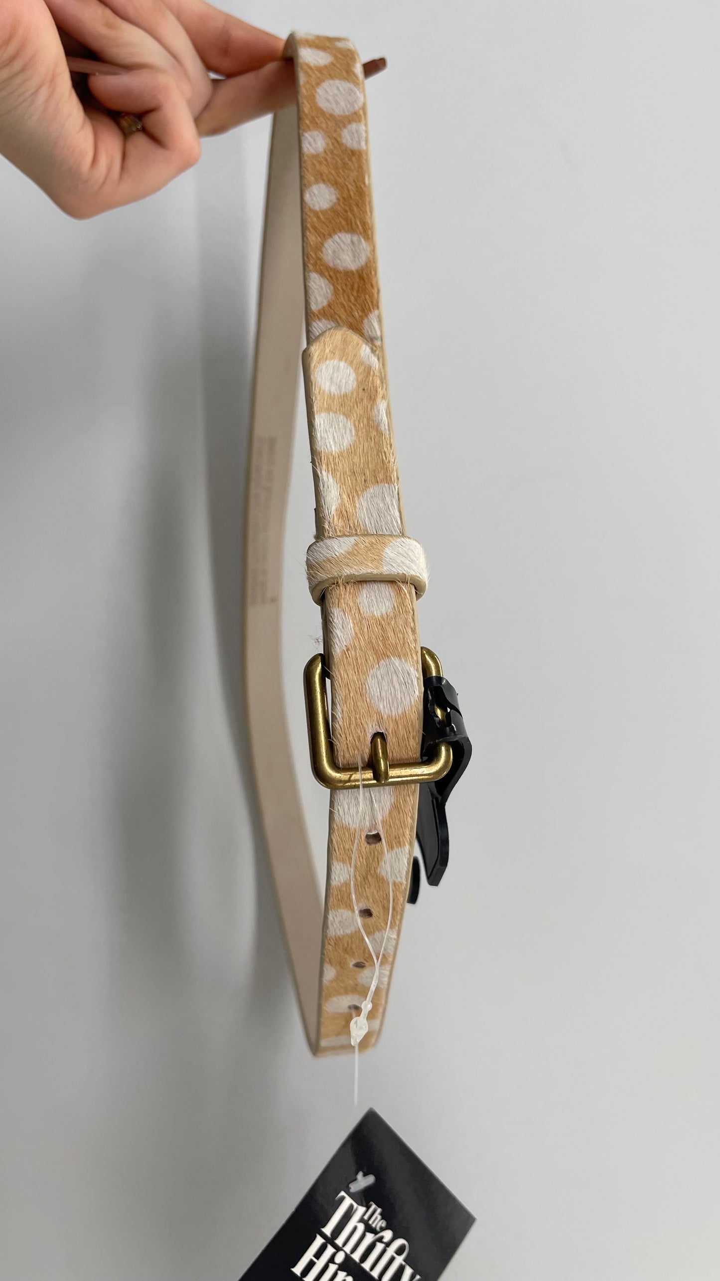 Genuine Leather Pony Hair Tan Polka Dot Belt (Small)