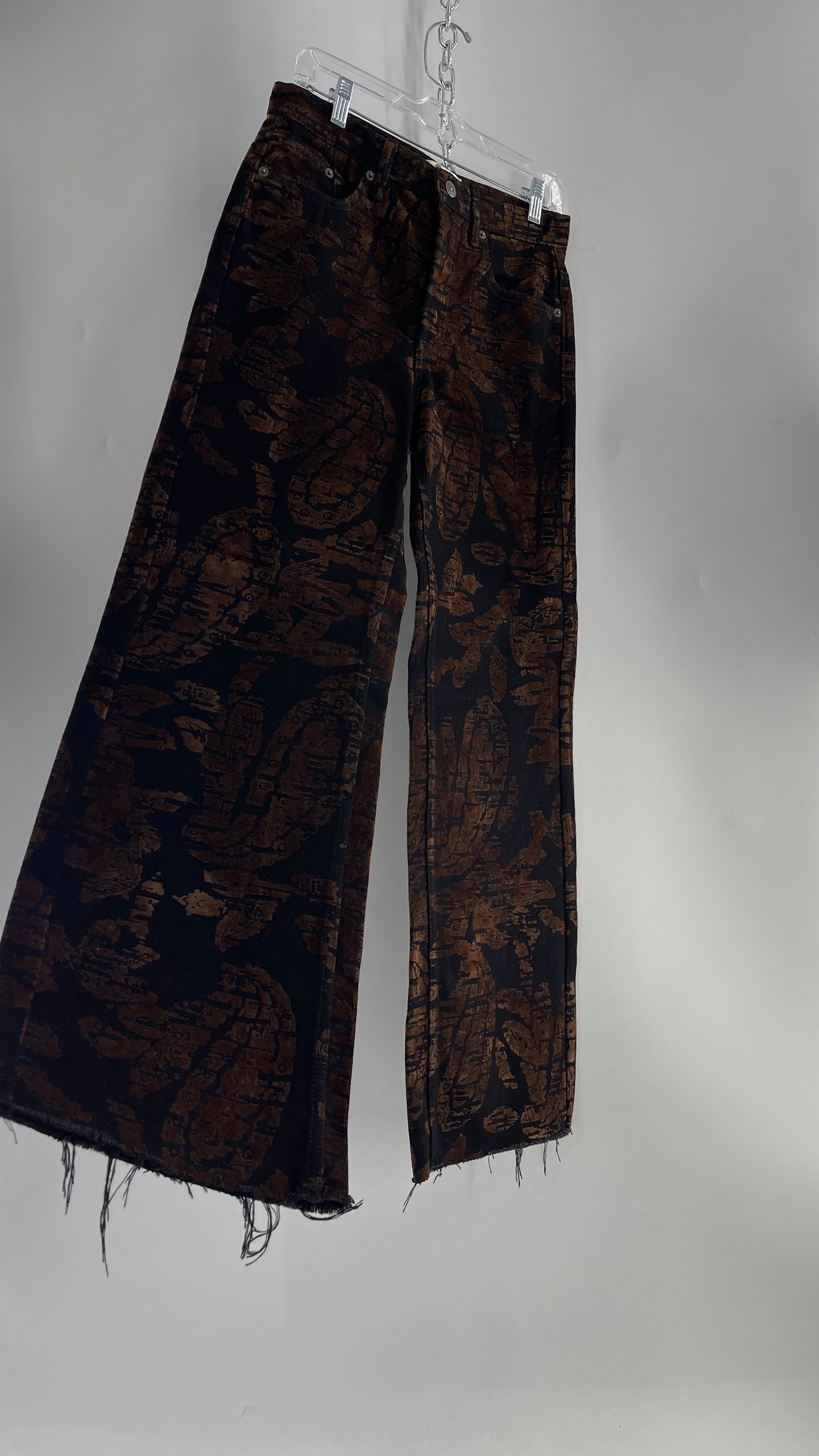 Free People Black/Brown Velvet Texture Graphic Straight Legs with Raw Edge Hem and Tags Attached (28)