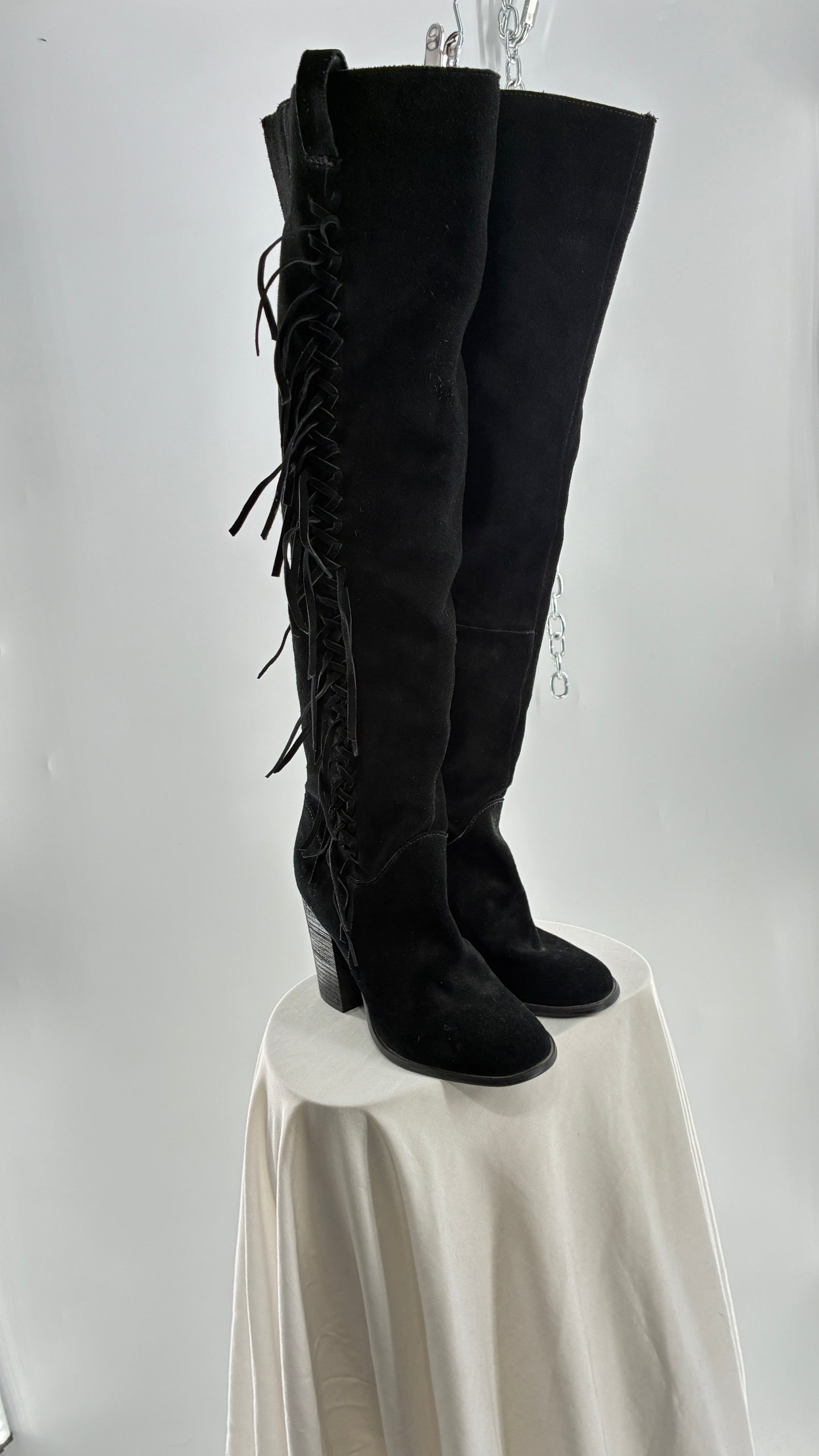 Vintage CARLOS SANTANA Genuine Suede Leather Thigh High Tassel, Fringe Side Boots (7.5)