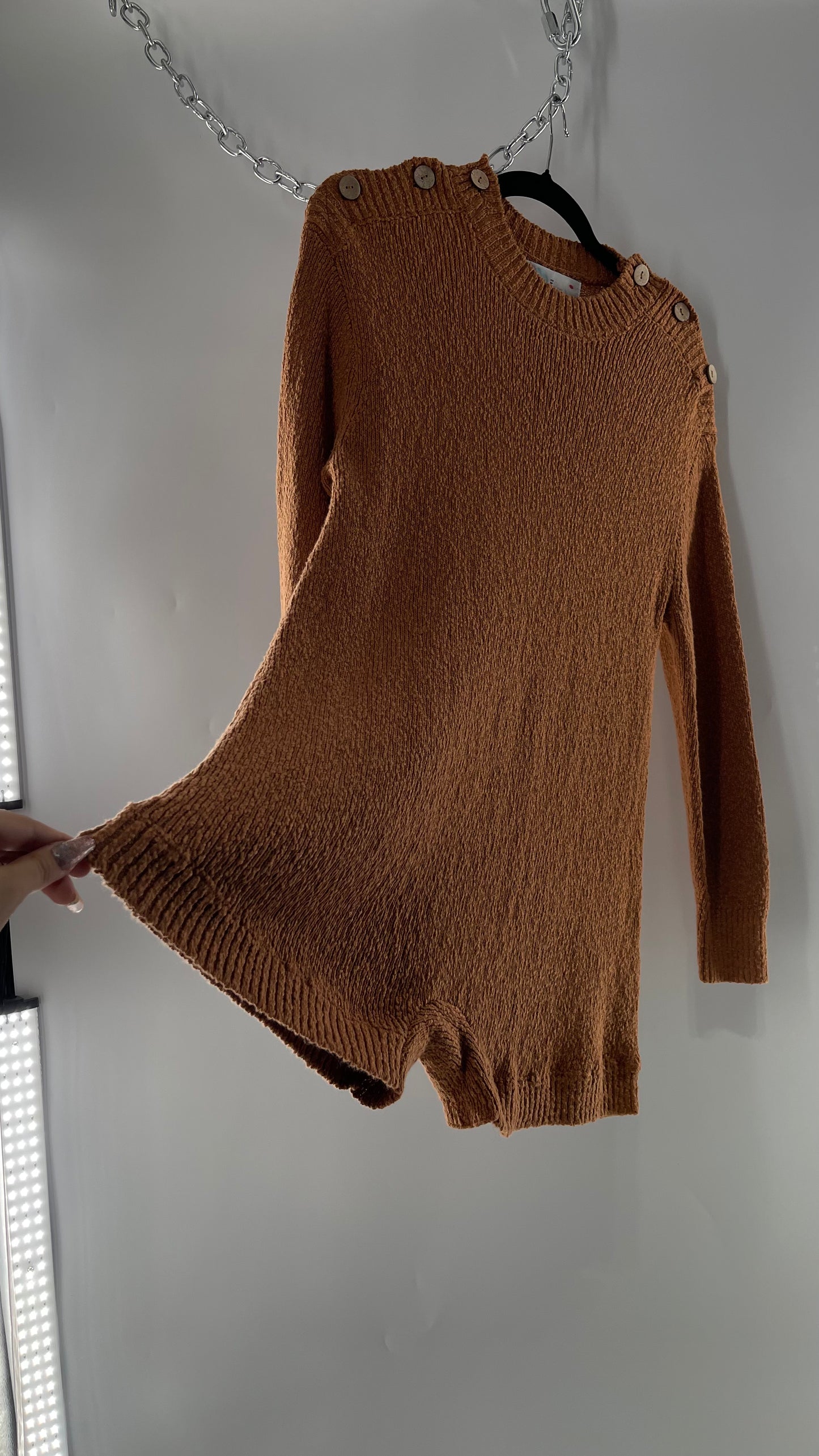 Free People Mustard/Tan Knit Button Shoulder Romper/Playsuit/Jumpsuit (XS)