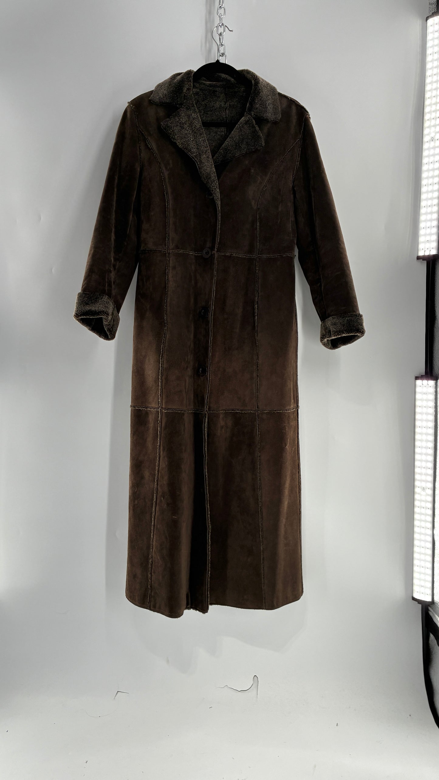 Vintage WINLIT Brown Full Length Paneled Suede Leather Coat (Small)