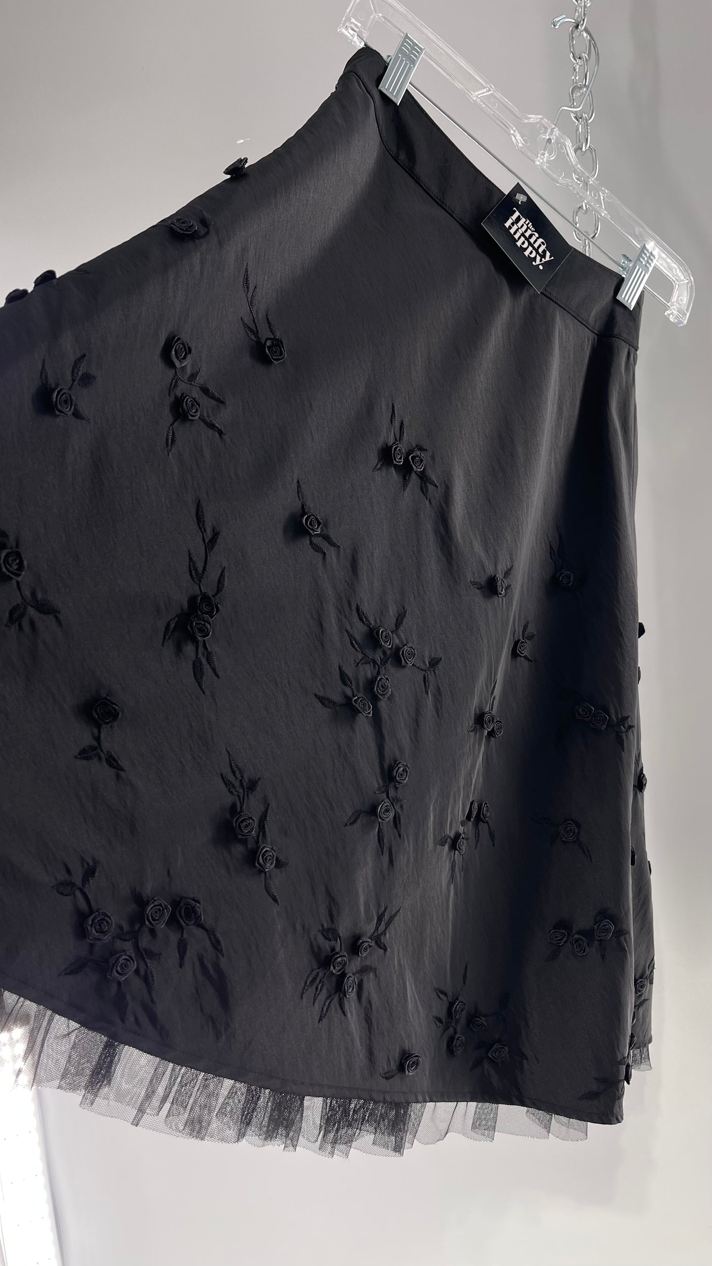 Vintage Josephine Chaus Petite Black Skirt with Rosettes and Mesh Underlay (6P)