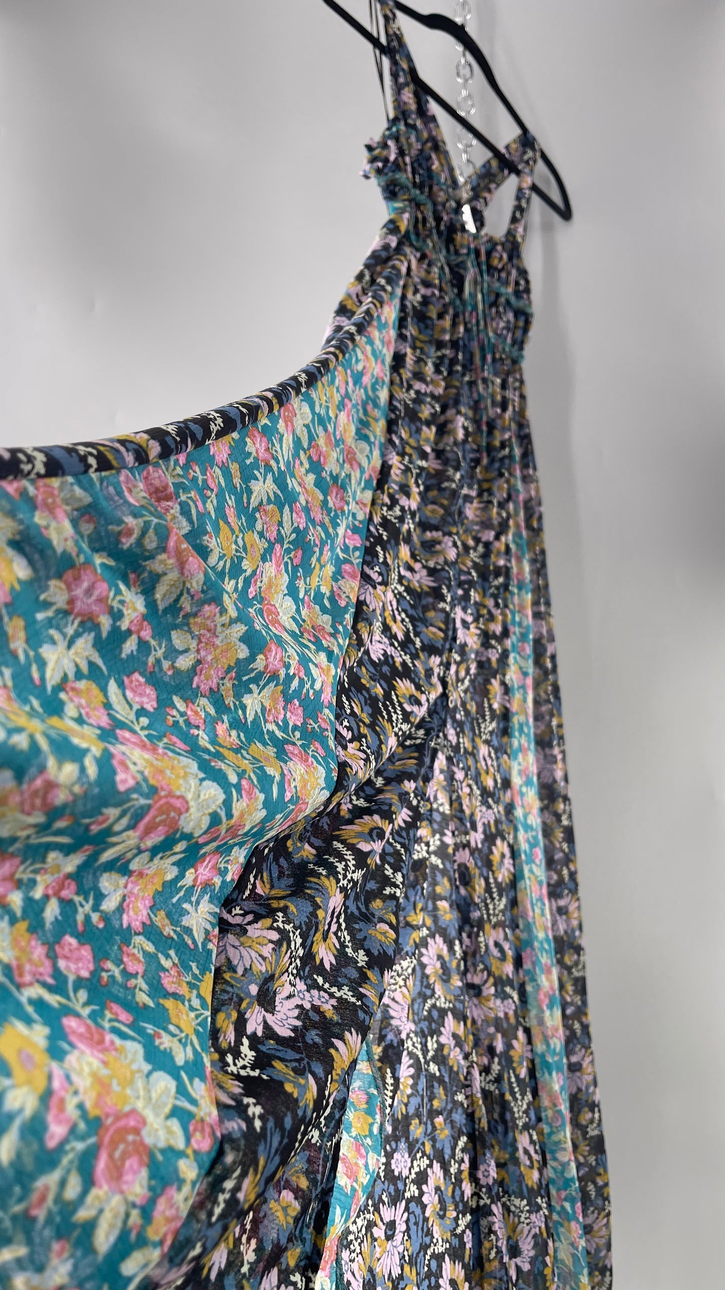 Intimately Free People Black and Teal Mixed Pattern Floral Maxi Dress with Tags Attached (XS)