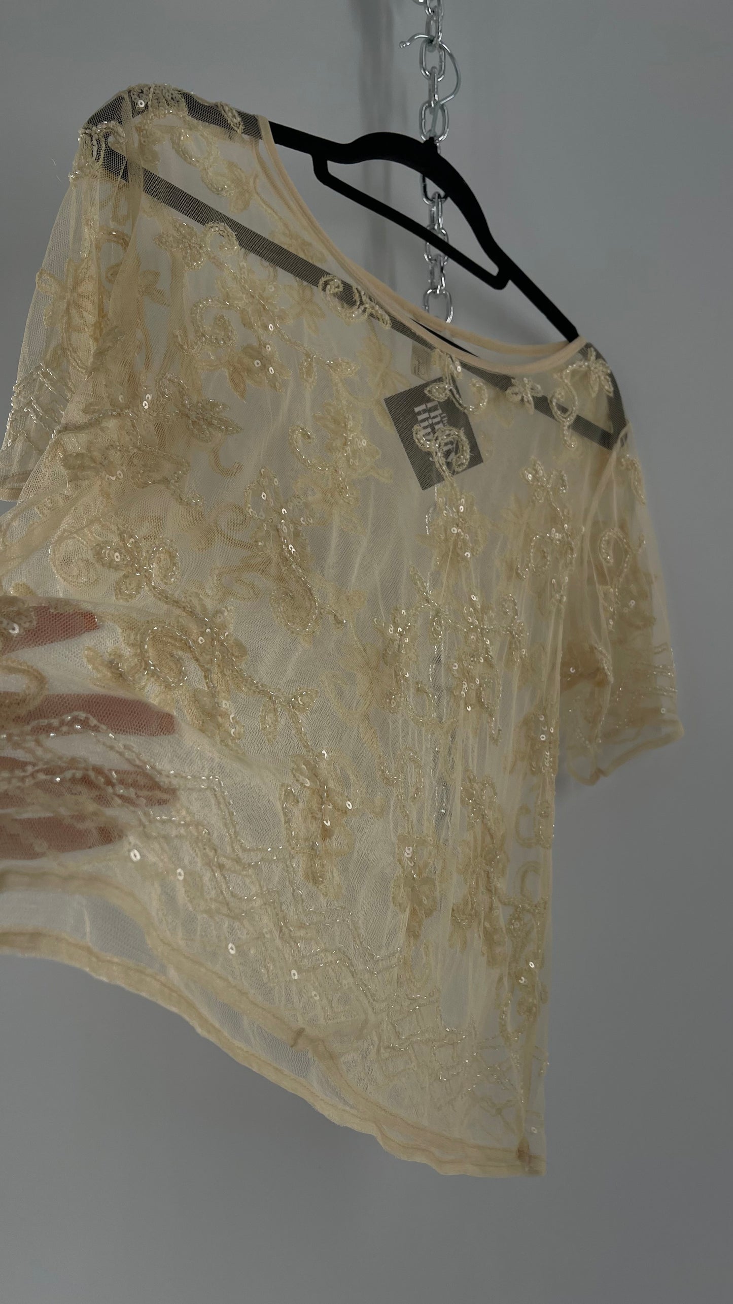 Vintage Forever 21 Baby Yellow Beaded Mesh T Shirt (Large)