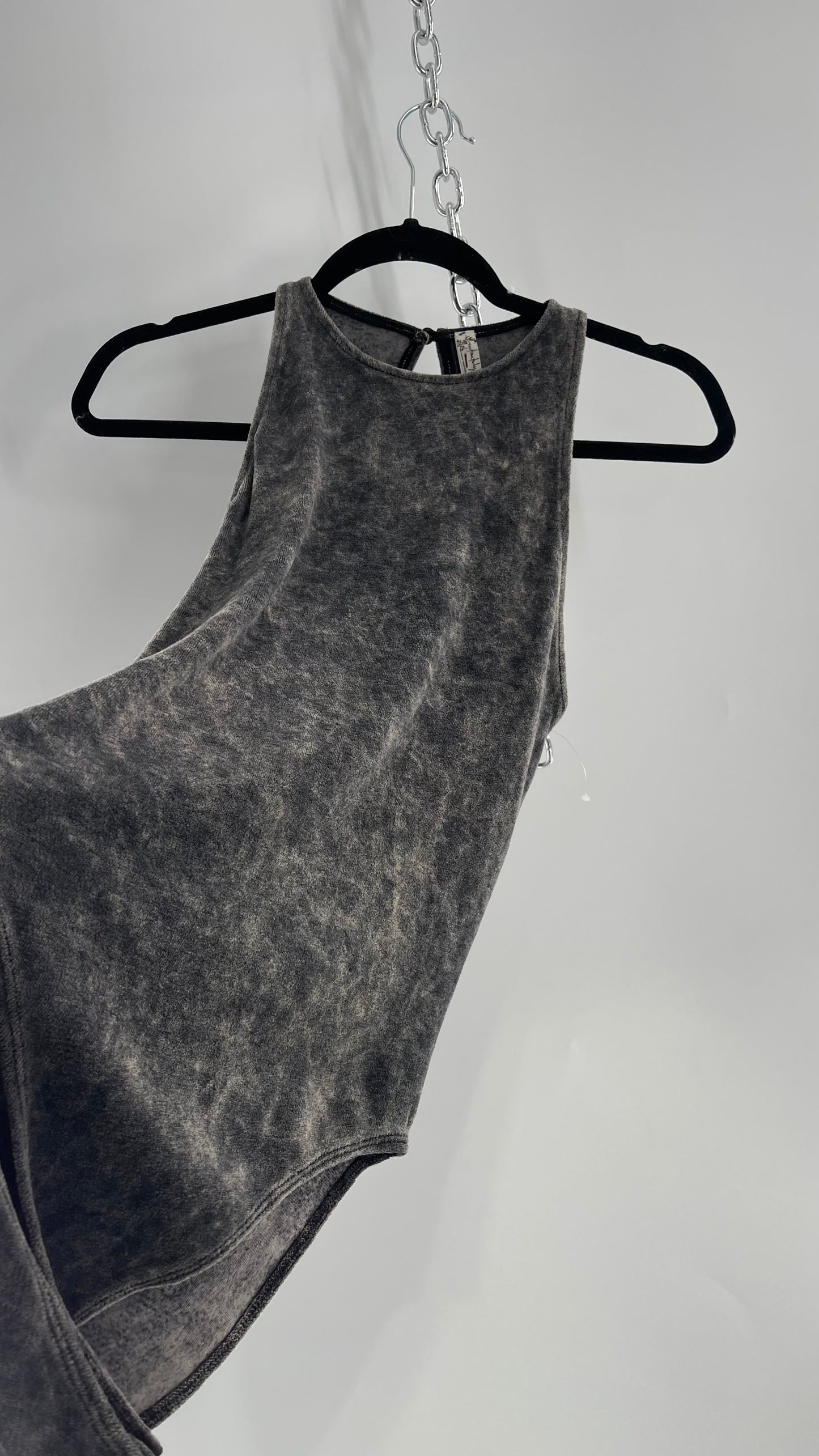 Free People Charcoal Acid Wash Velour Terry Cloth Bodysuit (Small)
