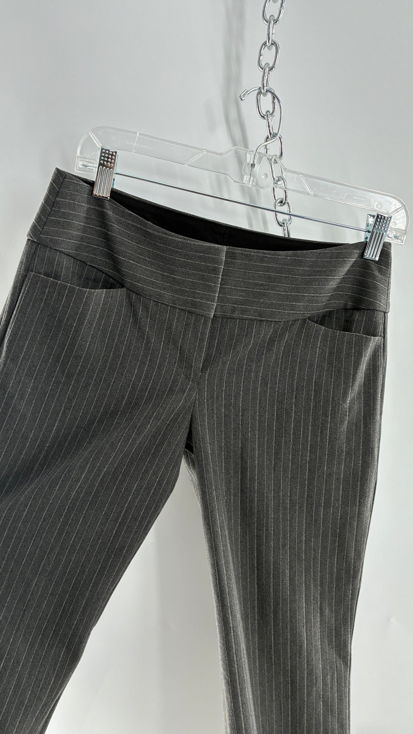 Vintage 1990s EXPRESS Editor Dark Grey Pinstripe Ultra Low Rise Thick Hip Band Kick Flares (2)