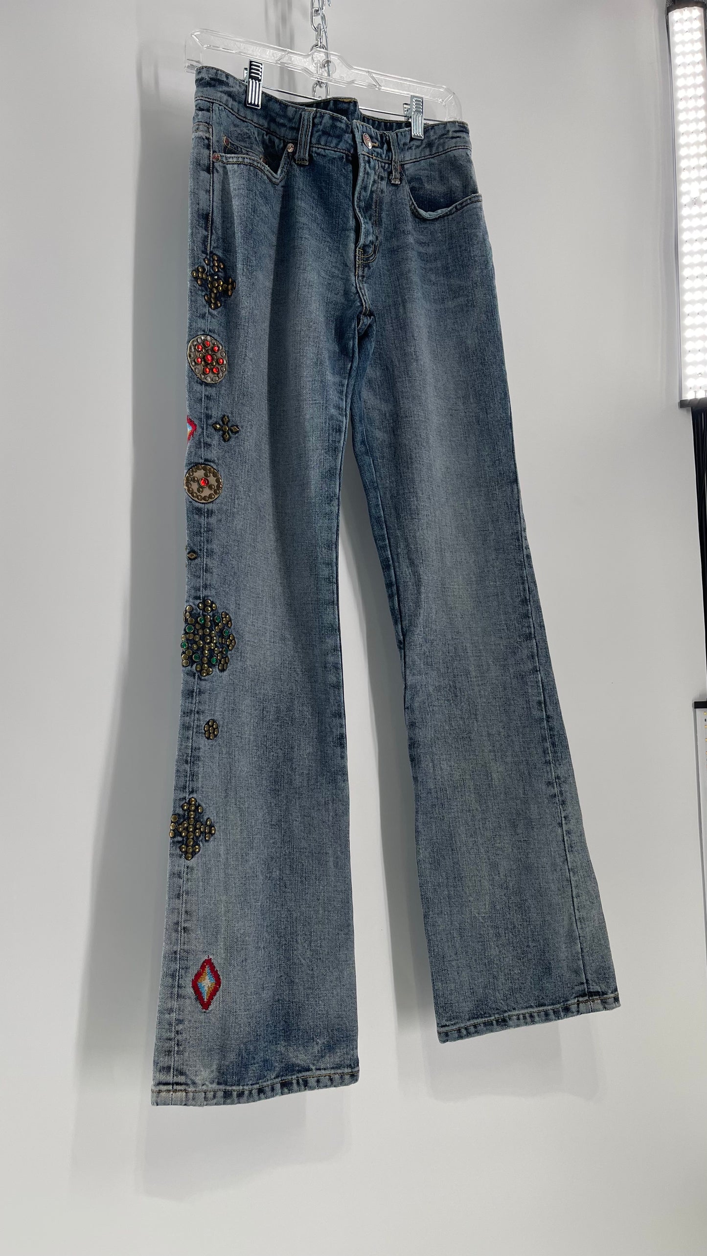 Western Denim Bank Light Wash Straight Legs with Gold/Bronze Metal Studs and Jewels (29)