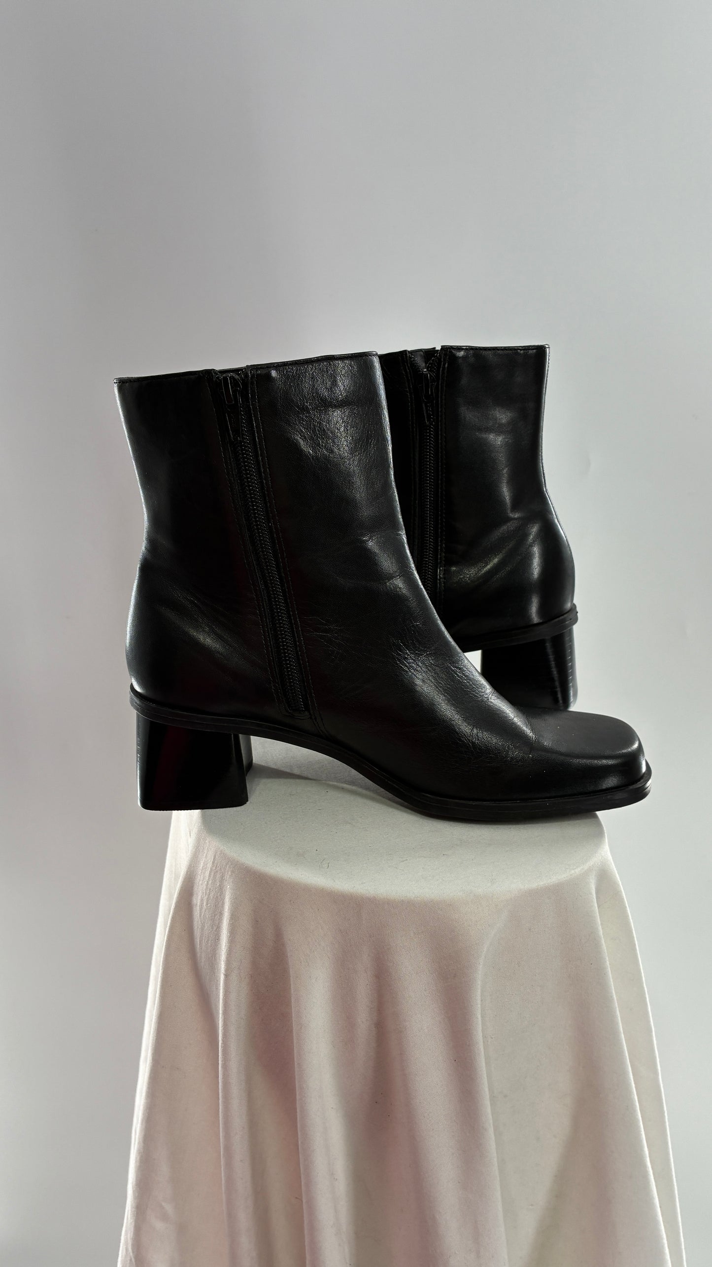 Vintage Naturalizer Black Square Toe Genuine Leather Block Heel Boots Made in Brazil (8)