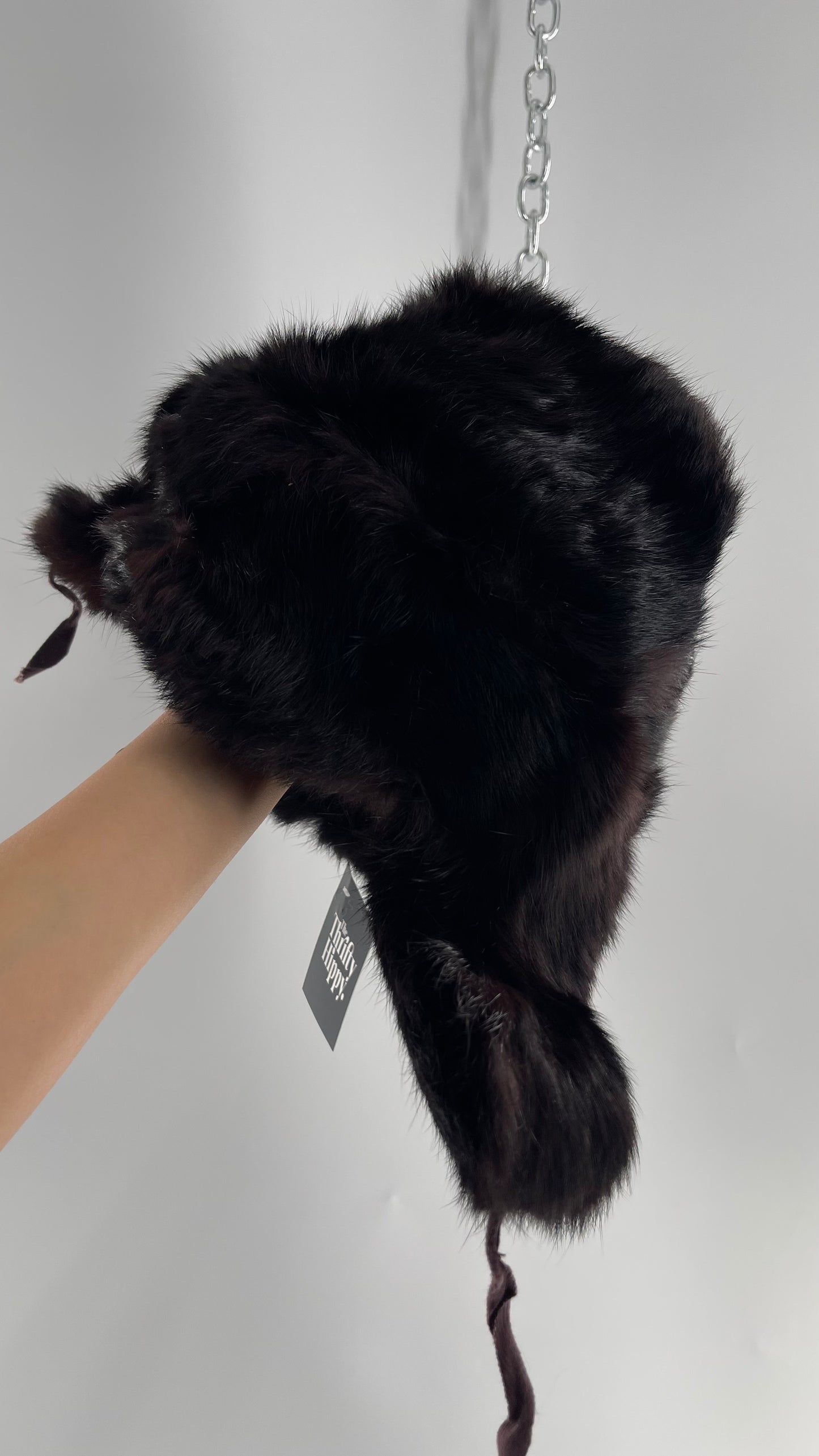 Vintage Russian Black Genuine Rabbit Fur Roller Hat with Pull Down Ear Muff Flaps