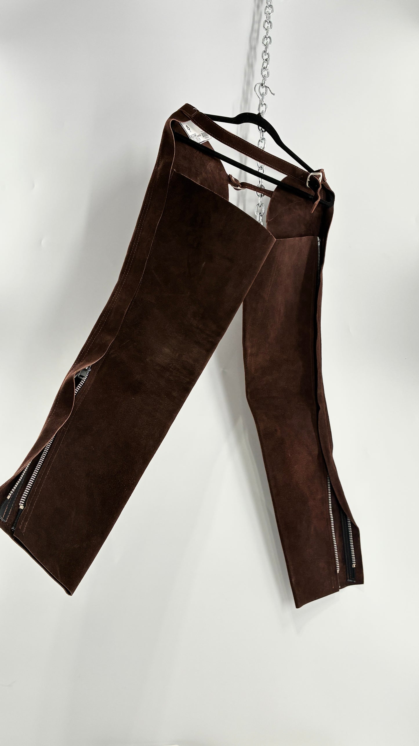Vintage Chocolate Brown Genuine Suede Leather Chaps with Heavy Duty Side Zipper Detail (XS)