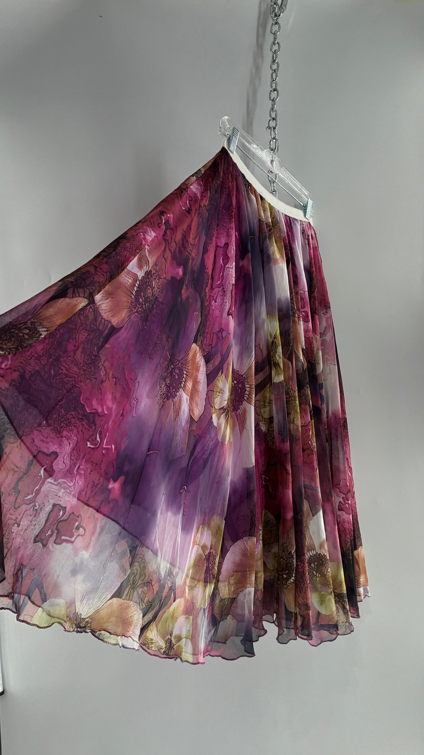 Vintage Full Length Silky Graphic Florals Skirt (Medium)