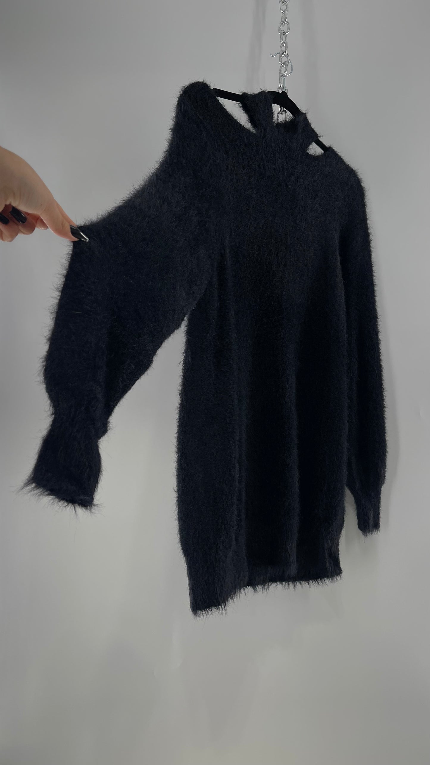 Callahan Black Fuzzy/Shaggy Slouchy Sweater with Choker Neckline Detail (Small)