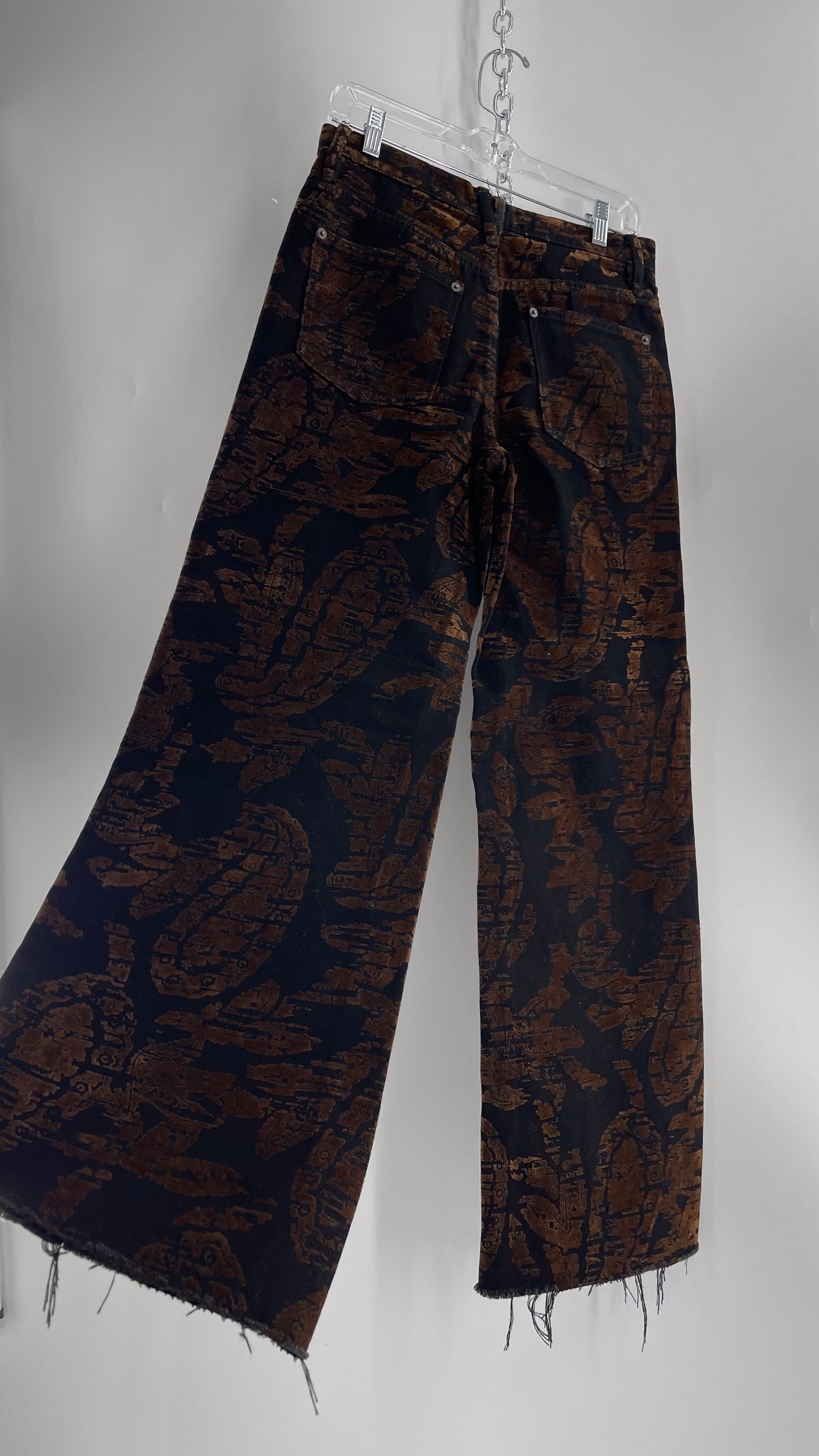 Free People Black/Brown Velvet Texture Graphic Straight Legs with Raw Edge Hem and Tags Attached (28)