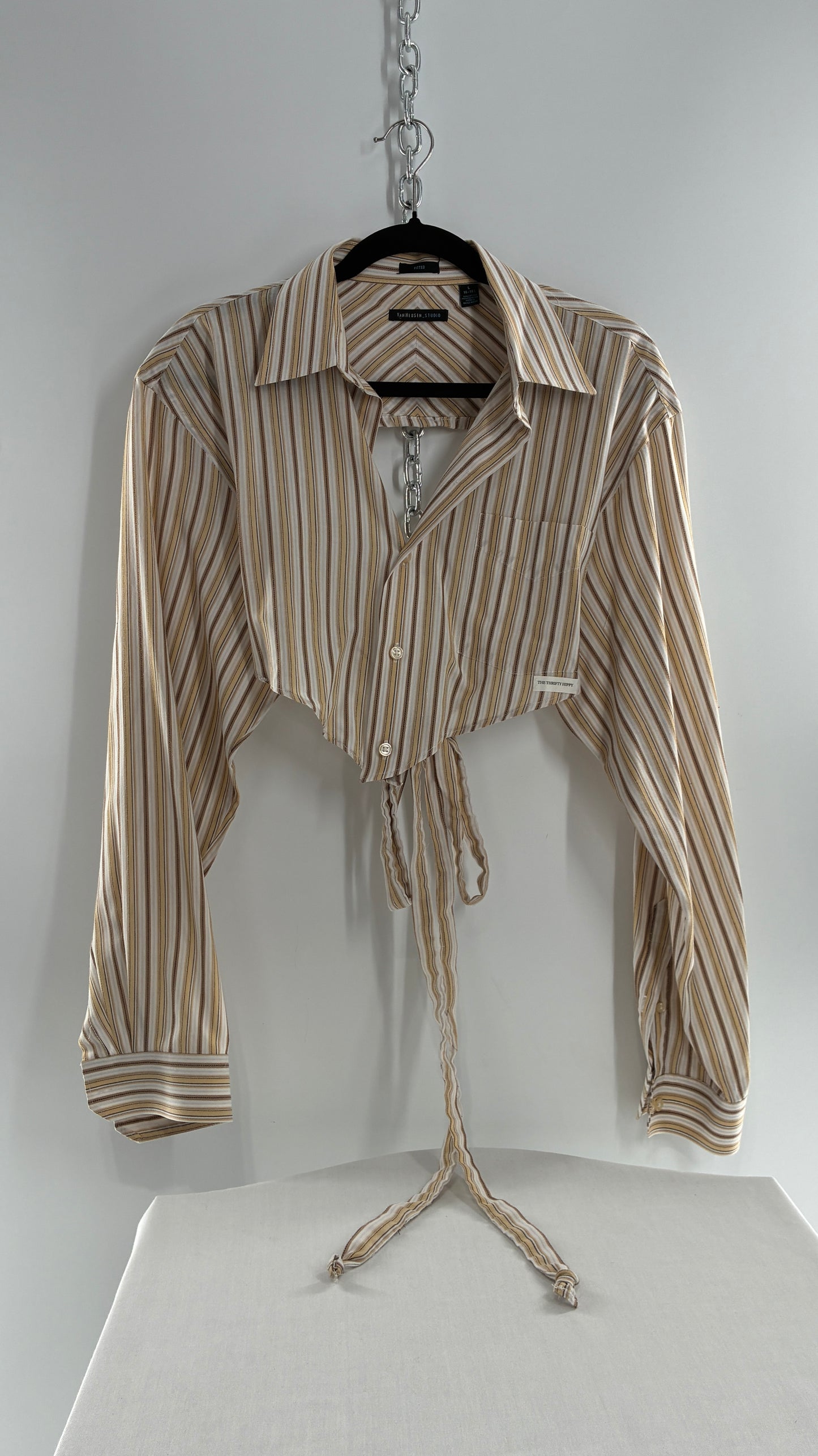 Vintage VAN HEUSEN Reworked Button Front Backless Mustard Yellow, Brown Striped Blouse (One Size)