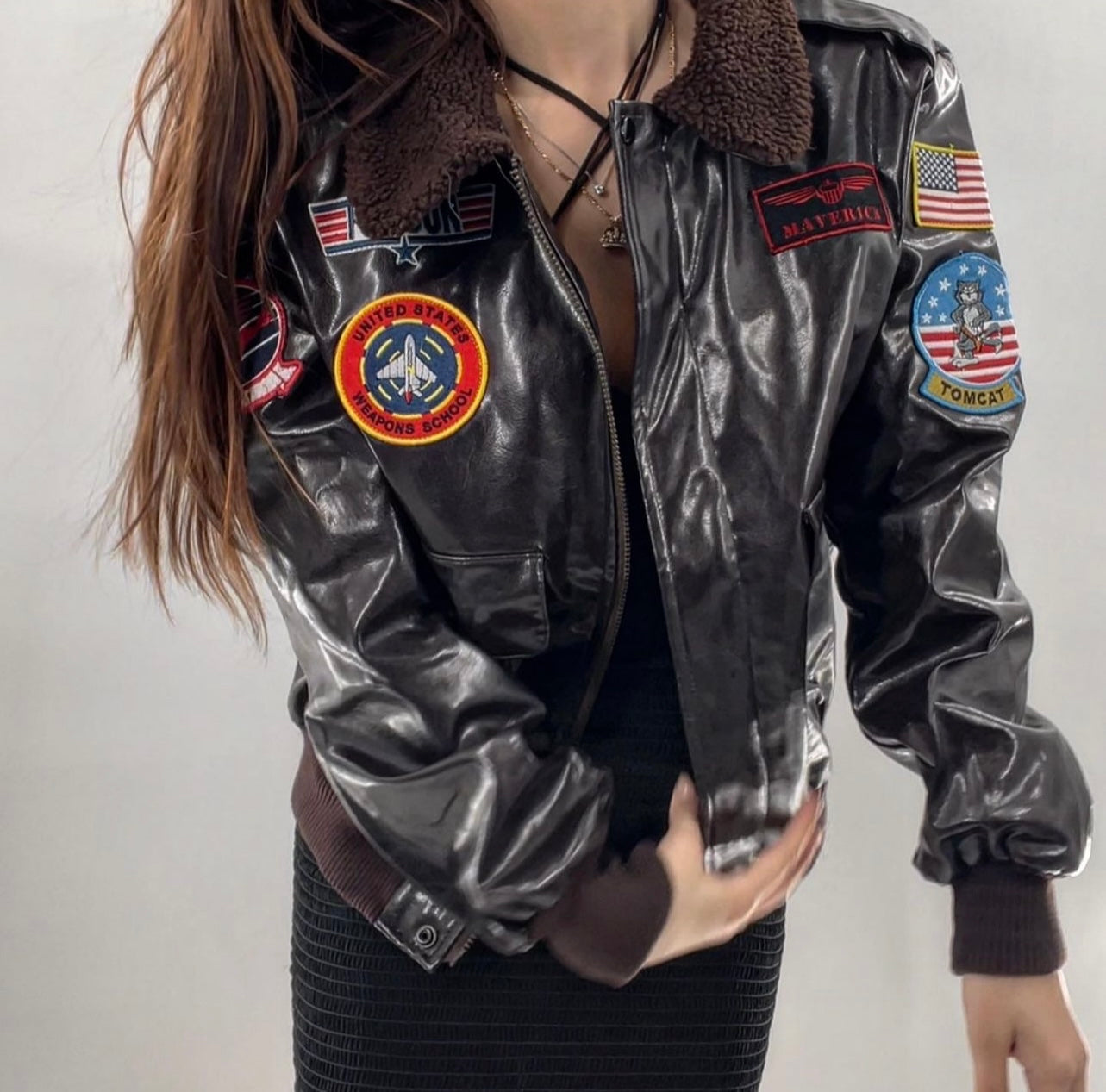 Vintage Dark Brown Top Gun Bomber Jacket with Patches and Teddy Sherpa Collar (Large)