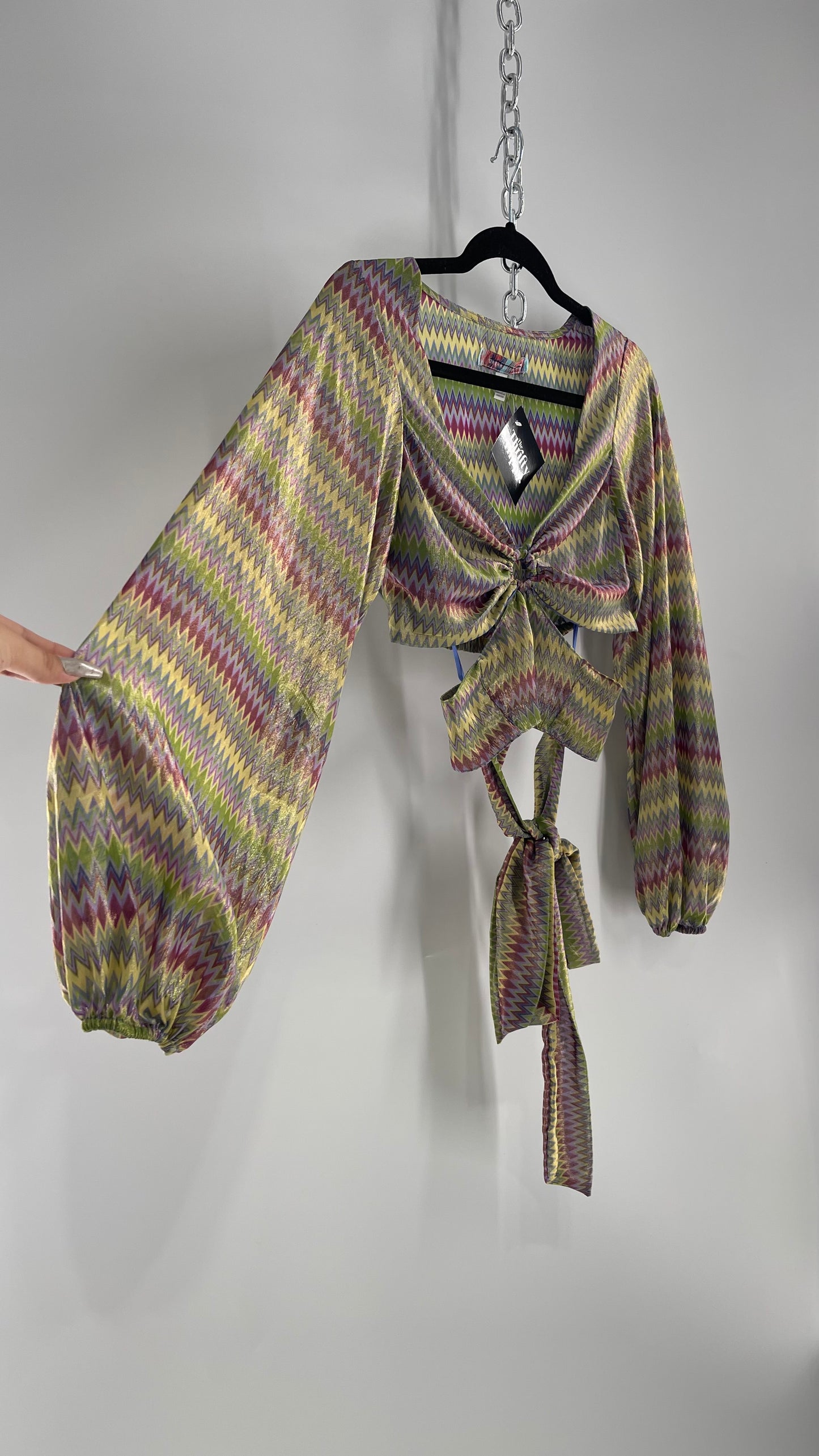 Urban Outfitters Shimmer Top Balloon Sleeve Green Purple Retro Print Cut Out Tie Around Blouse (XS)