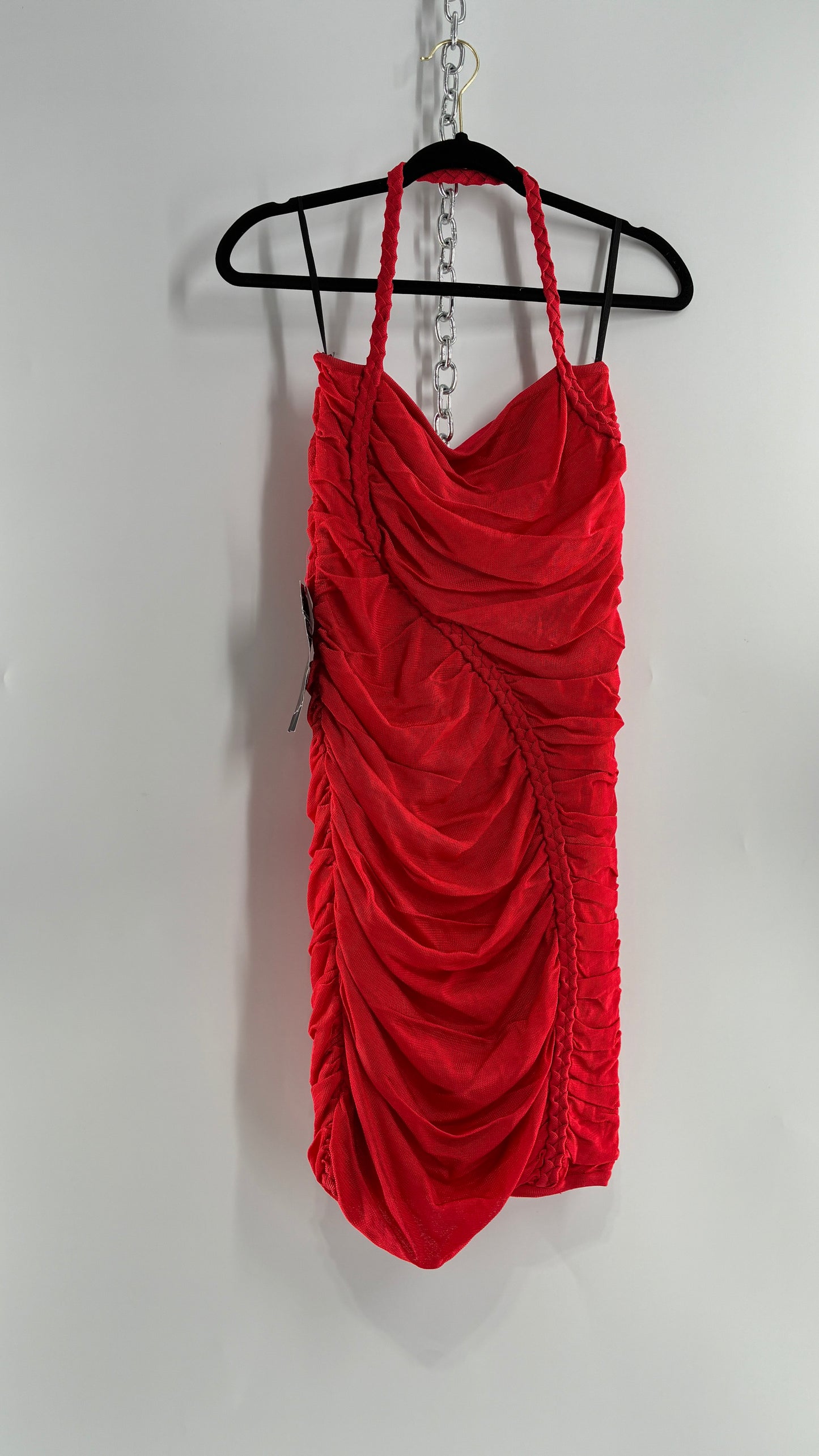 Deadstock Vintage BEBE Red Heavy/Thick Ruched and Roped Mini Dress (Medium)