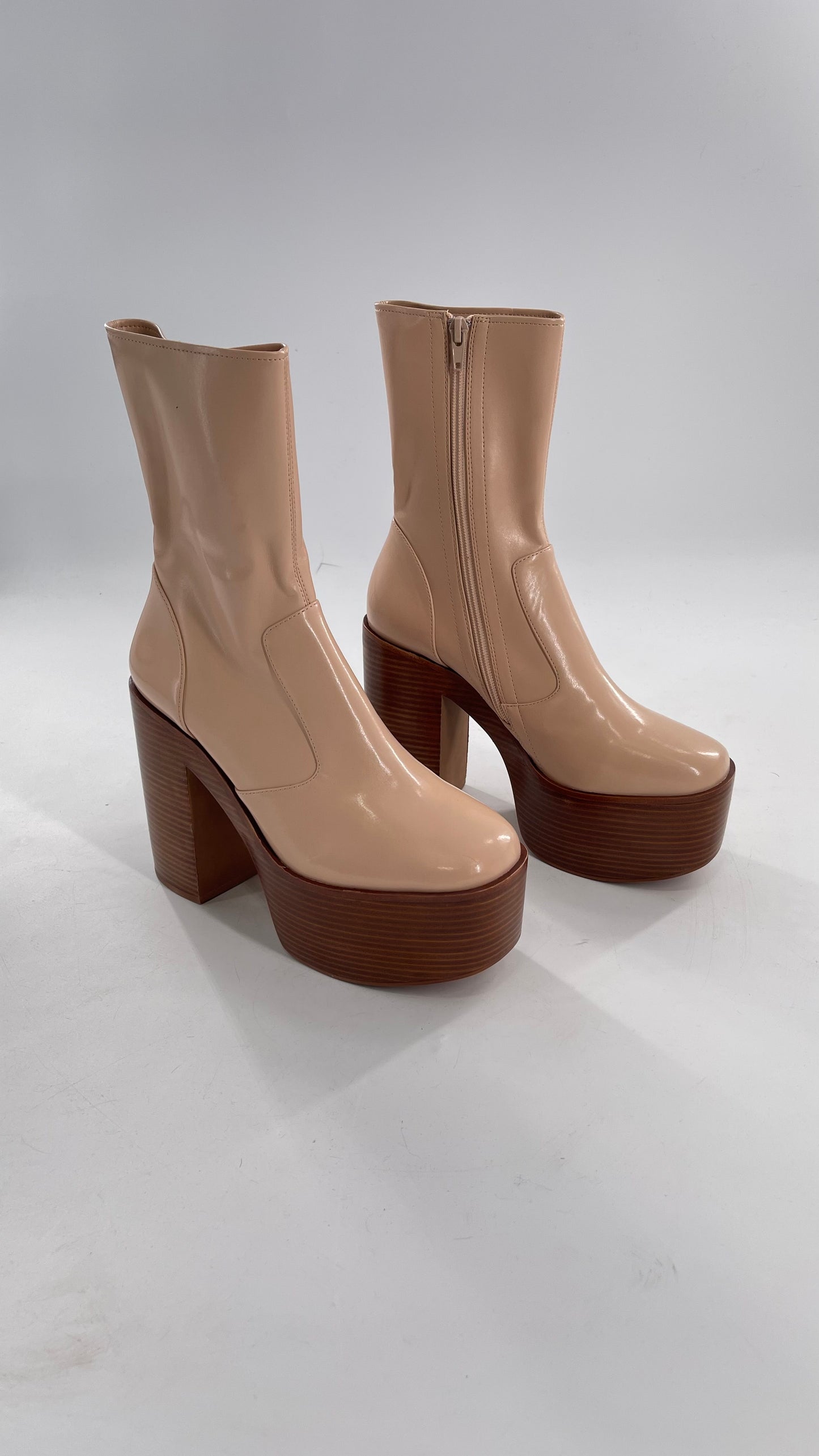 Free People X Jeffrey Campbell Mexique GoGo Boots • Beige Patent Boot with Wood Grain Chunky Block Heel and Platform (9)