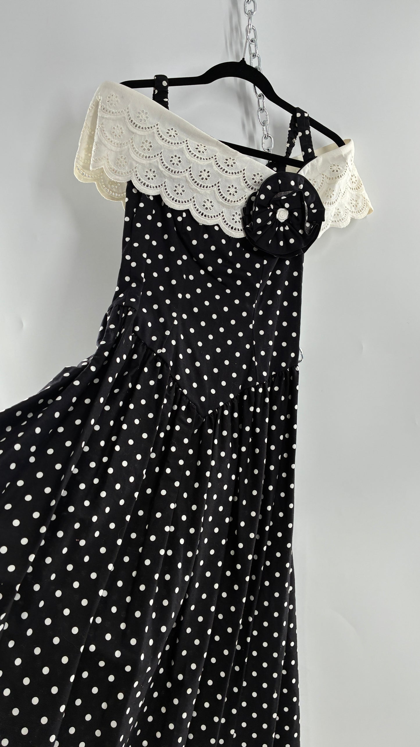 Vintage Handmade Black and White Polka Dot Pointed Waistline Gown with Off the Shoulder Stiff Lace Straps and Rosette Detail (8)