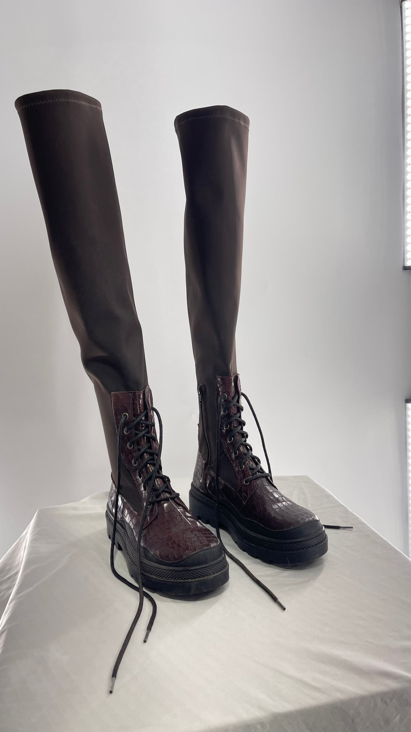 Free People Dark Brown Riding Style Embossed Knee High Platform Boots (39)