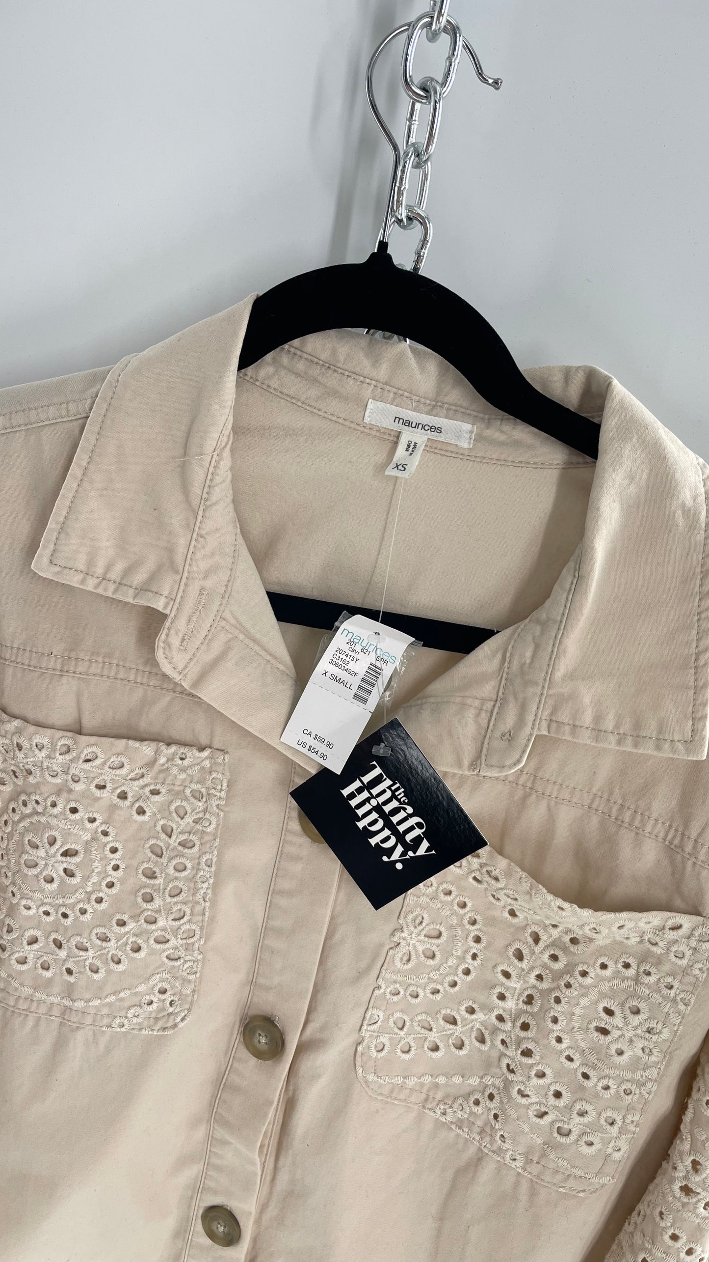 Maurices Anthropologie Beige Cotton Button Up with Eyelet Lace Sleeves and Pockets with Tags Attached (XS)
