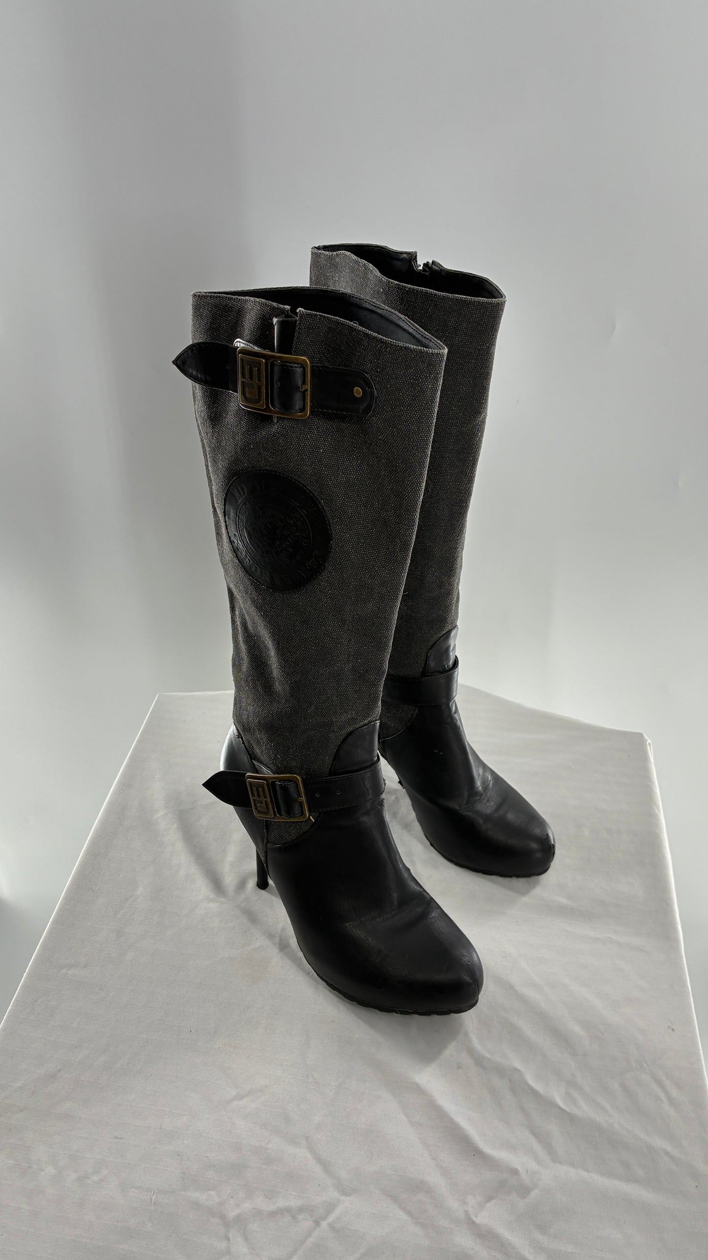 Vintage ED HARDY Stiletto Boots with Embossed Buckles and Badges (9)