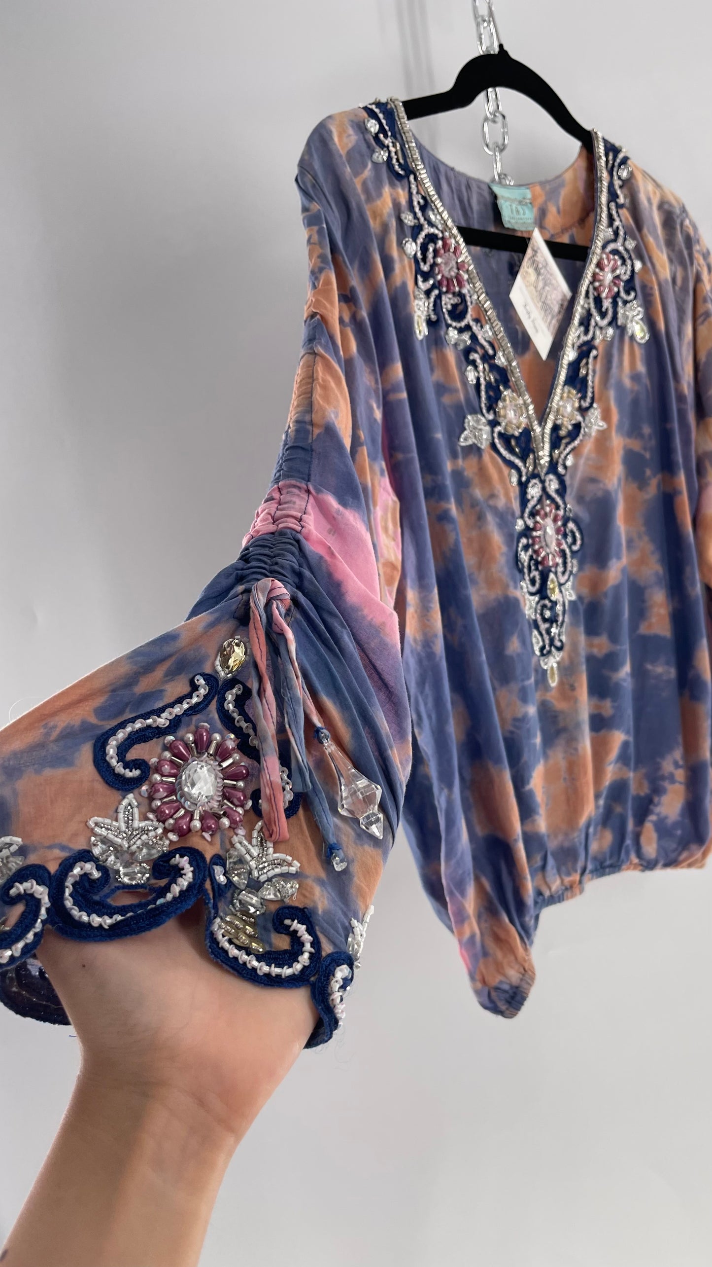 TAJ by Sabrina Crippa Tie Dye Blouse with Gemstone Encrusted Neckline and Ruched Beaded Sleeves (S/M)