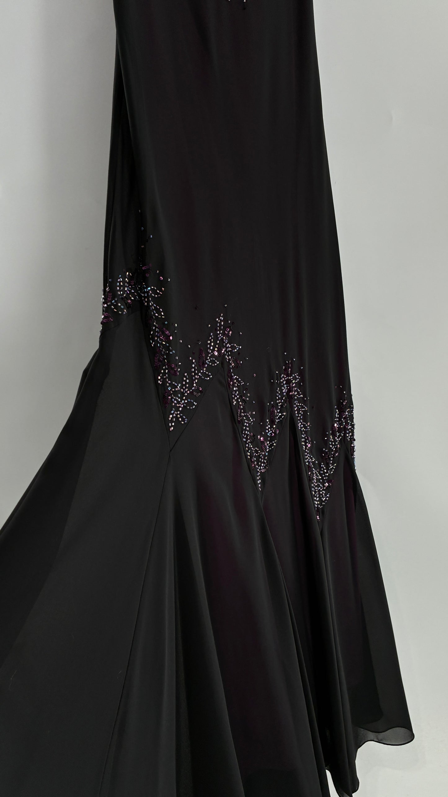Vintage XSCAPE Full Length Black Beaded Gown with Purple Underlay (4)