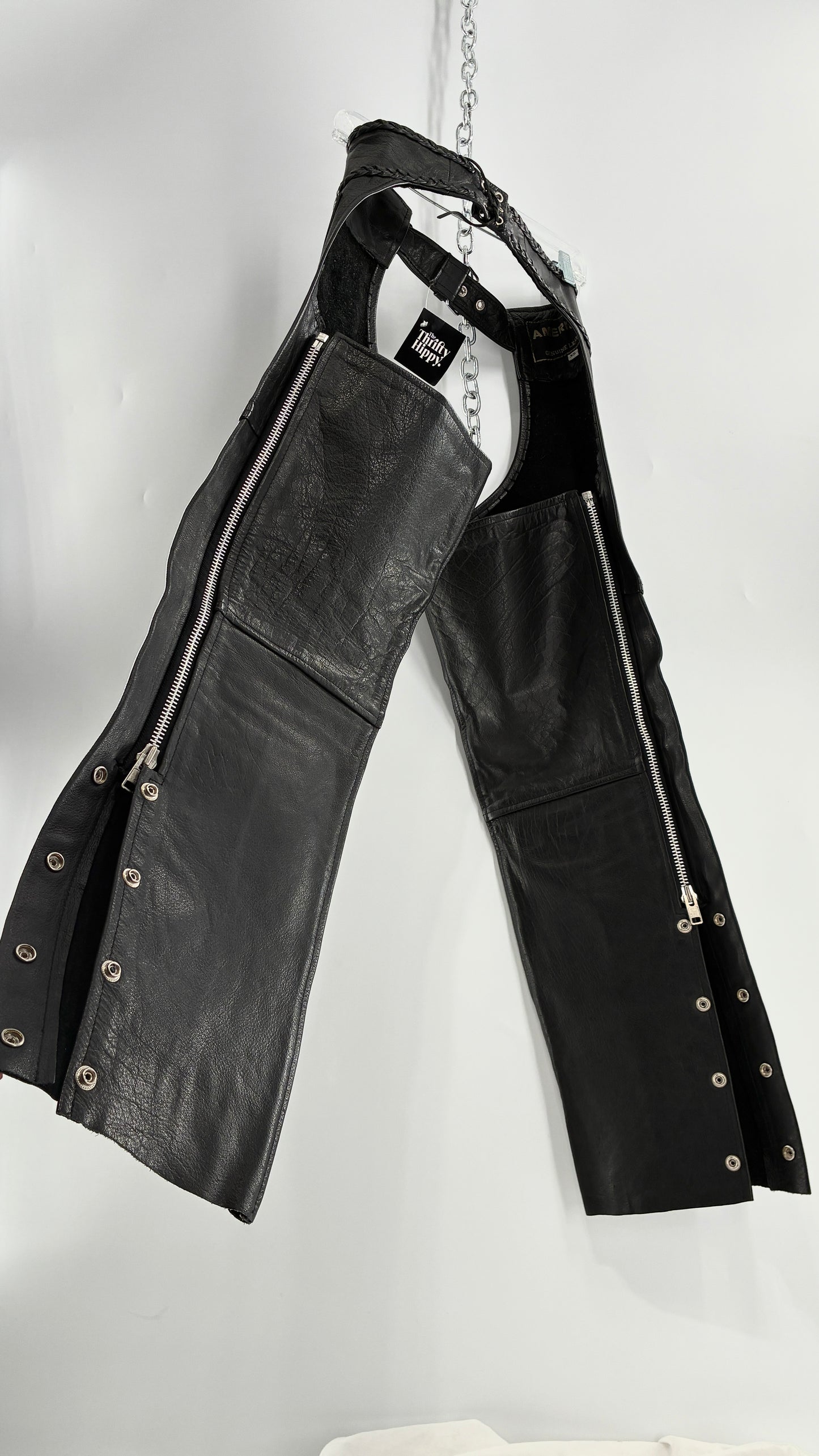 Vintage AMERICAN LEATHER Black Motorcycle Chaps/Pants with Mini Pocket, and Side Zipper Detailing (XS)