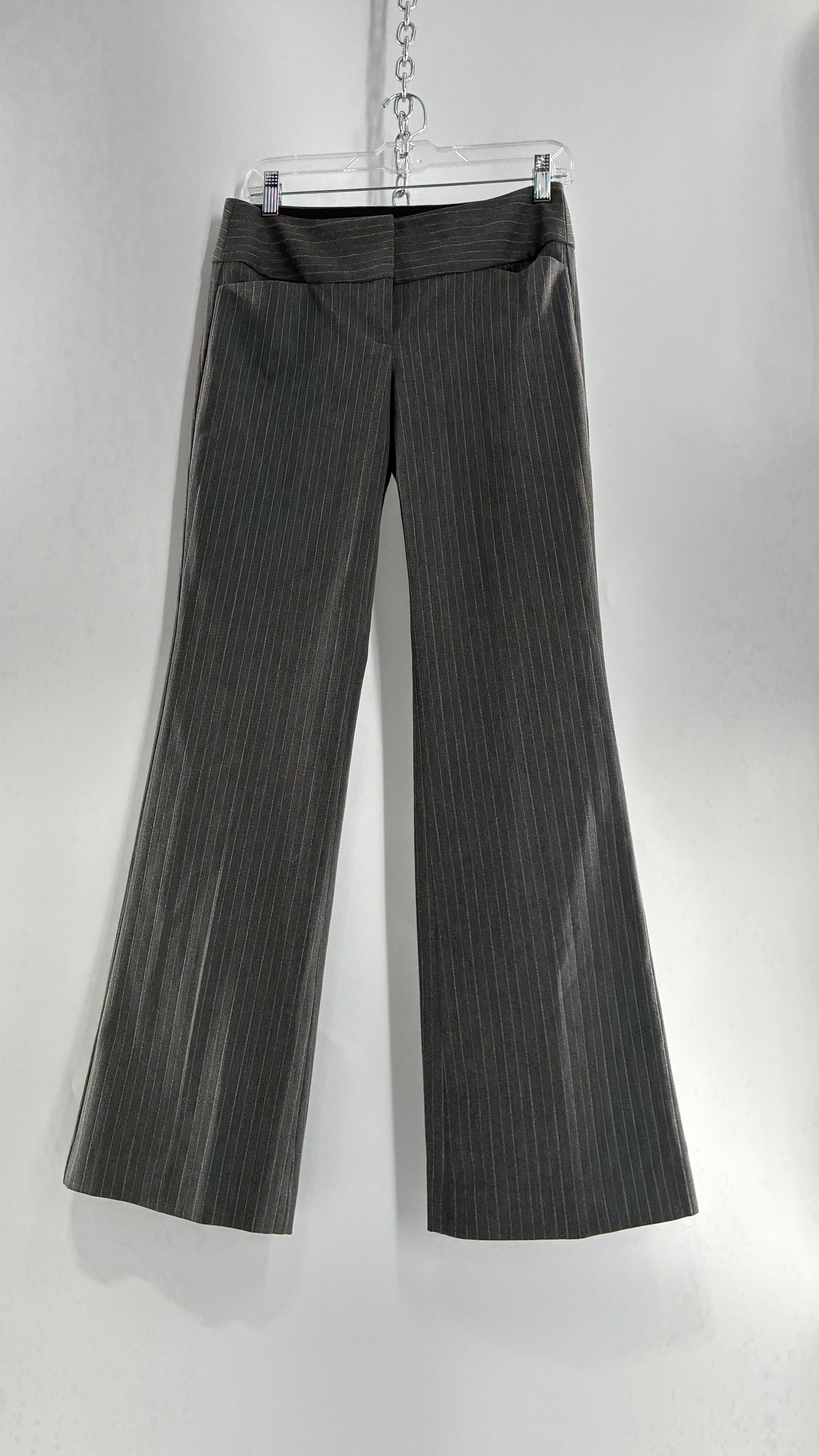 Vintage 1990s EXPRESS Editor Dark Grey Pinstripe Ultra Low Rise Thick Hip Band Kick Flares (2)
