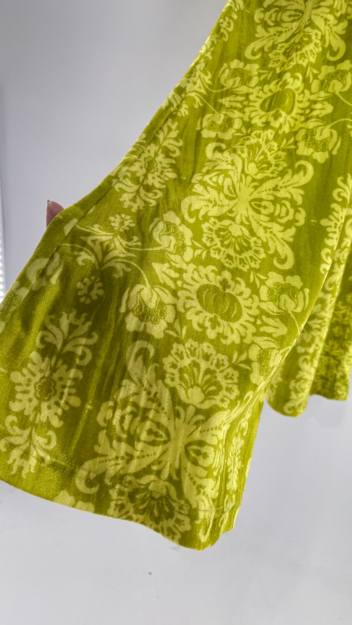 Urban Outfitters Chartreuse Green/Yellow Velvet Lace Patterned Flares with Scrunch Front  (XS)