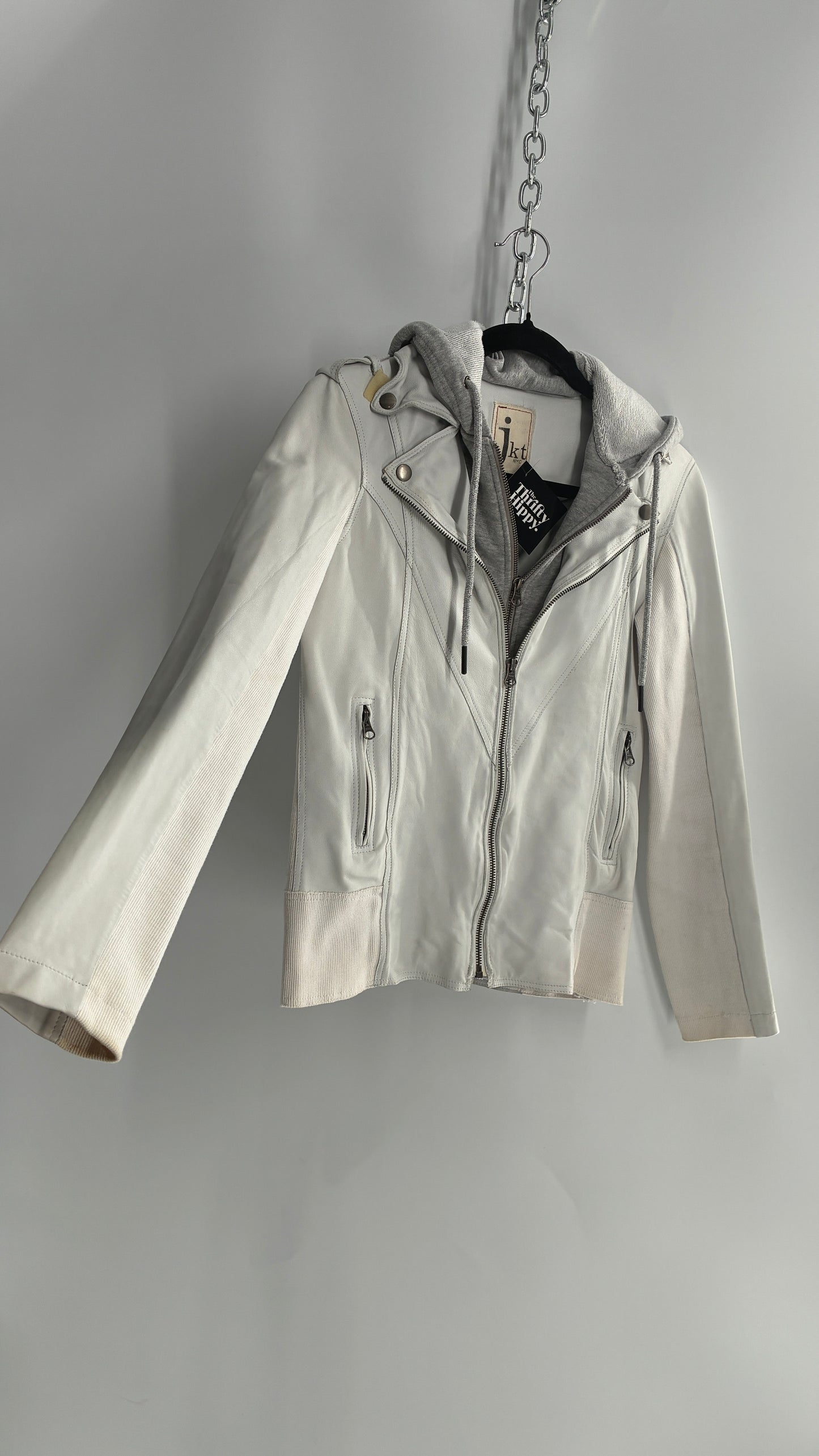Jakett White Molly Burnished White Genuine Leather Double Layer Moto Jacket with Removable Grey Hoodie Insert (XS)