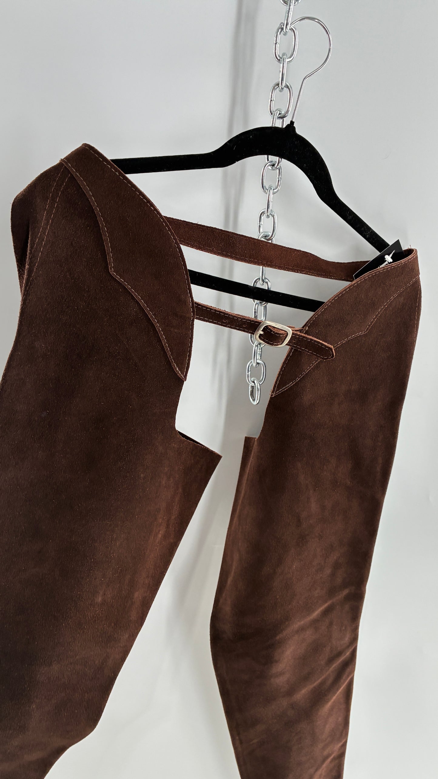 Vintage Chocolate Brown Genuine Suede Leather Chaps with Heavy Duty Side Zipper Detail (XS)
