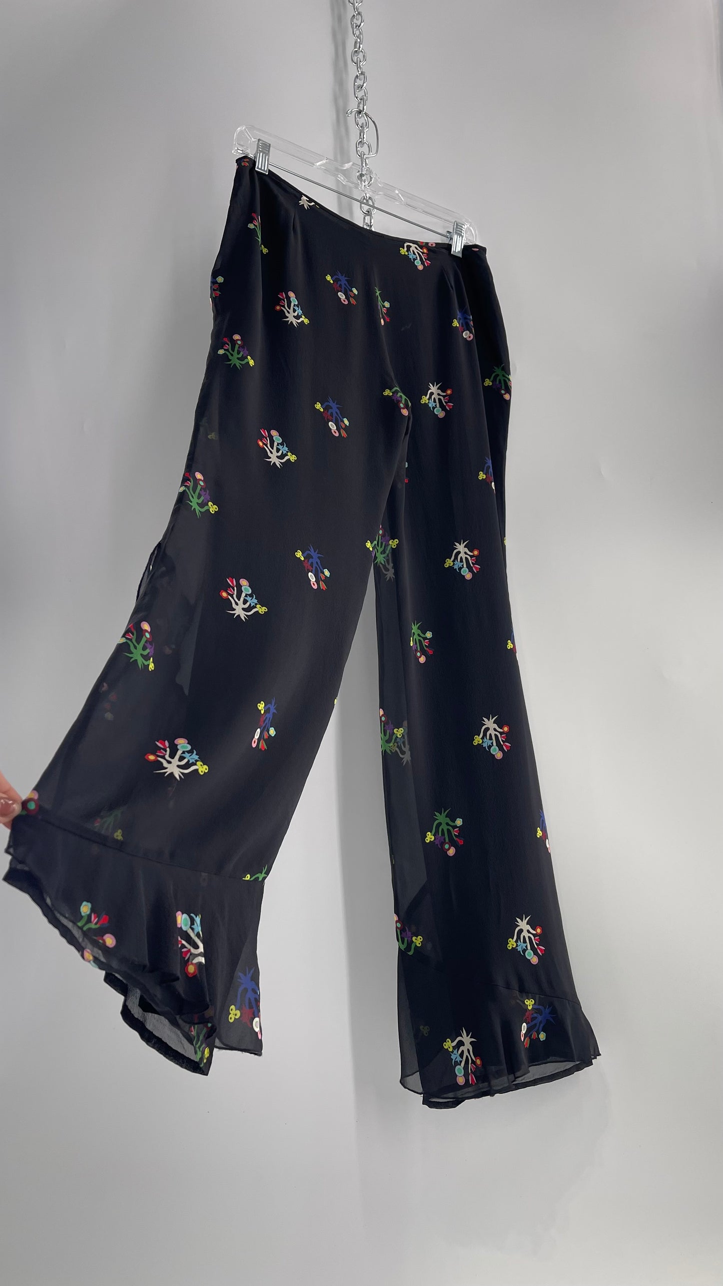 Cynthia Rowley Black Flared Pants with Colorful Abstract Florals, Dual Lining and Ruffle Trim (4)