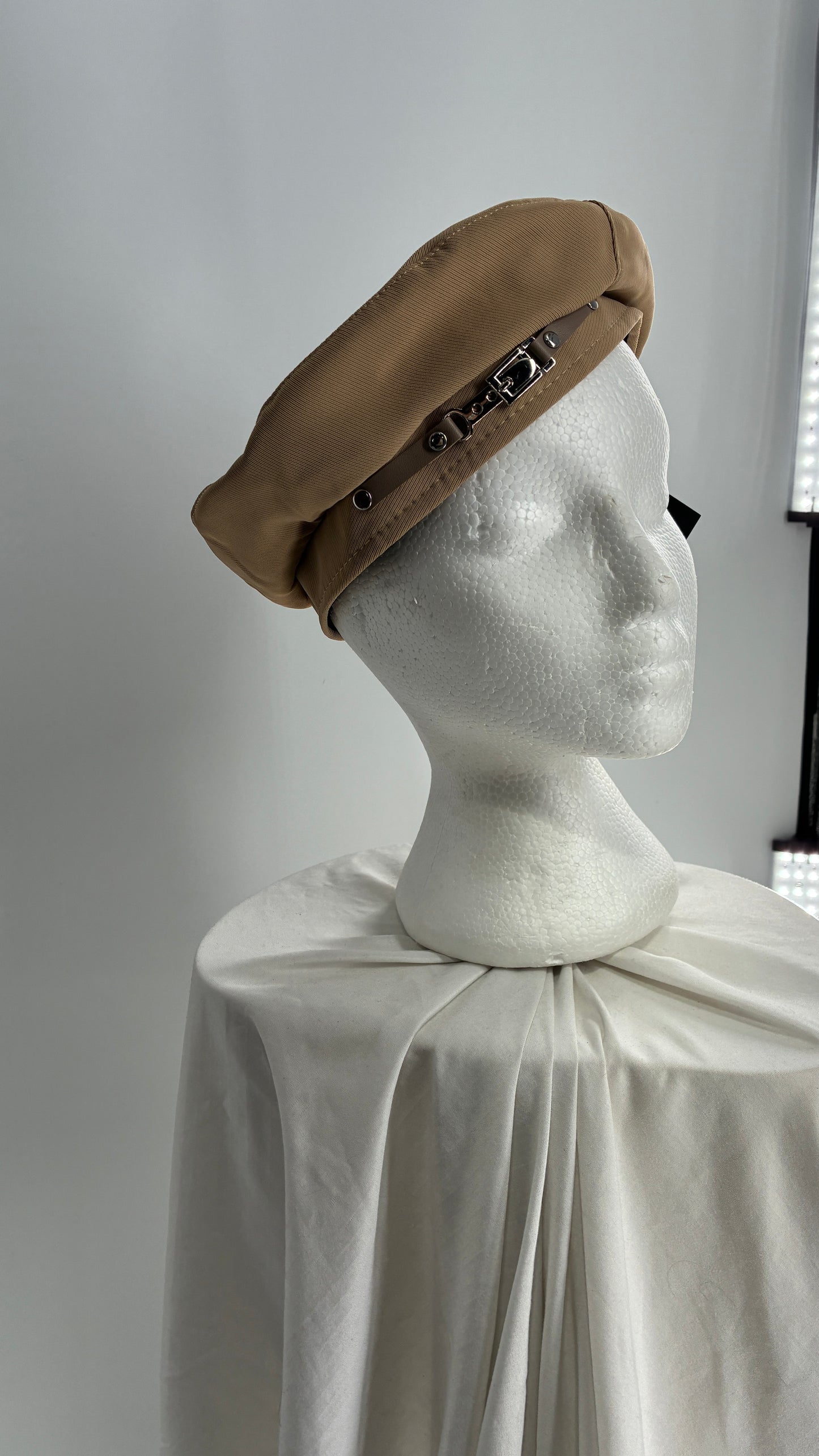 Tan Beret with Vegan Leather Strap and Silver Metal Hardware