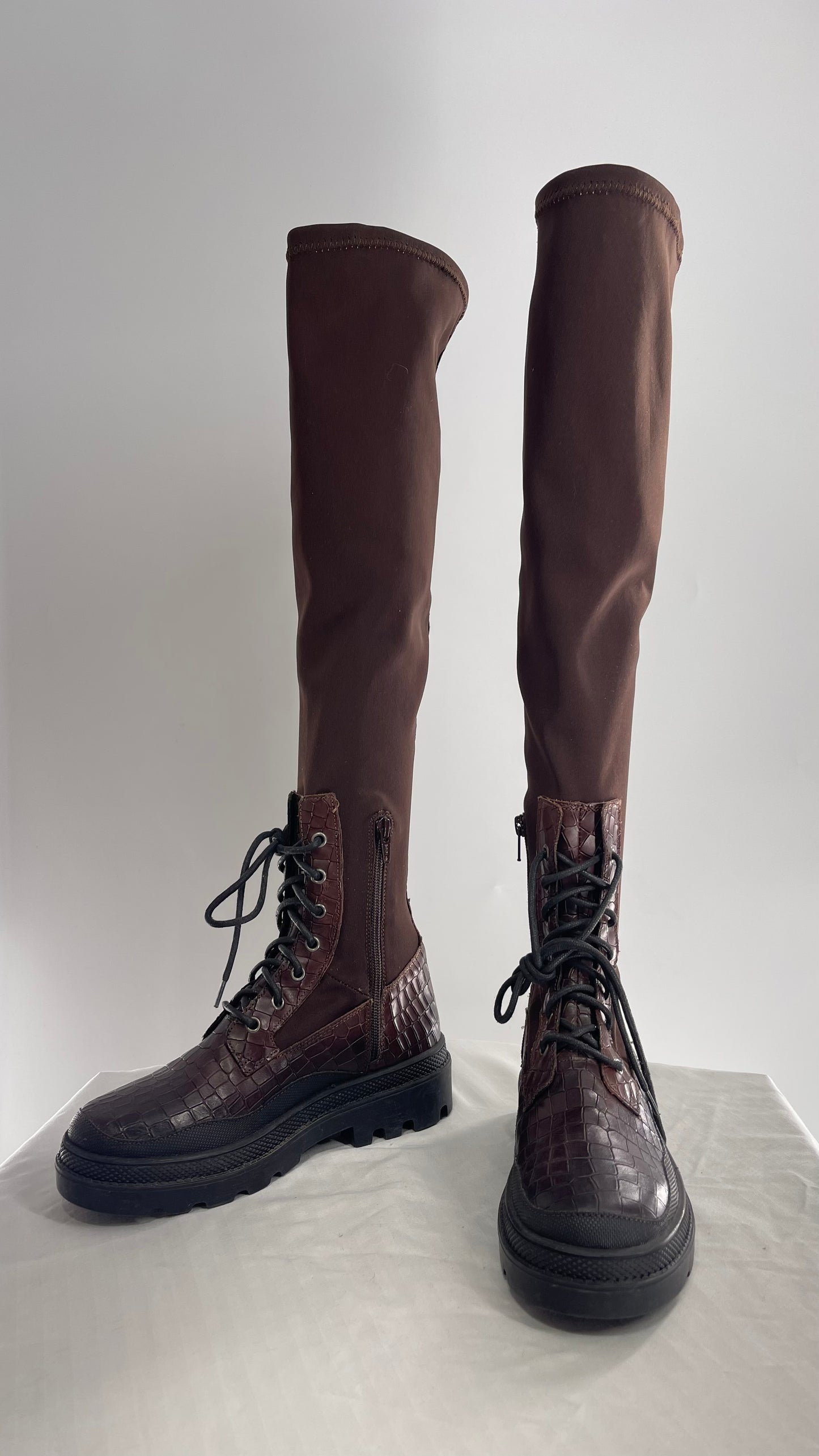 Free People Dark Brown Riding Style Embossed Knee High Platform Boots (37)