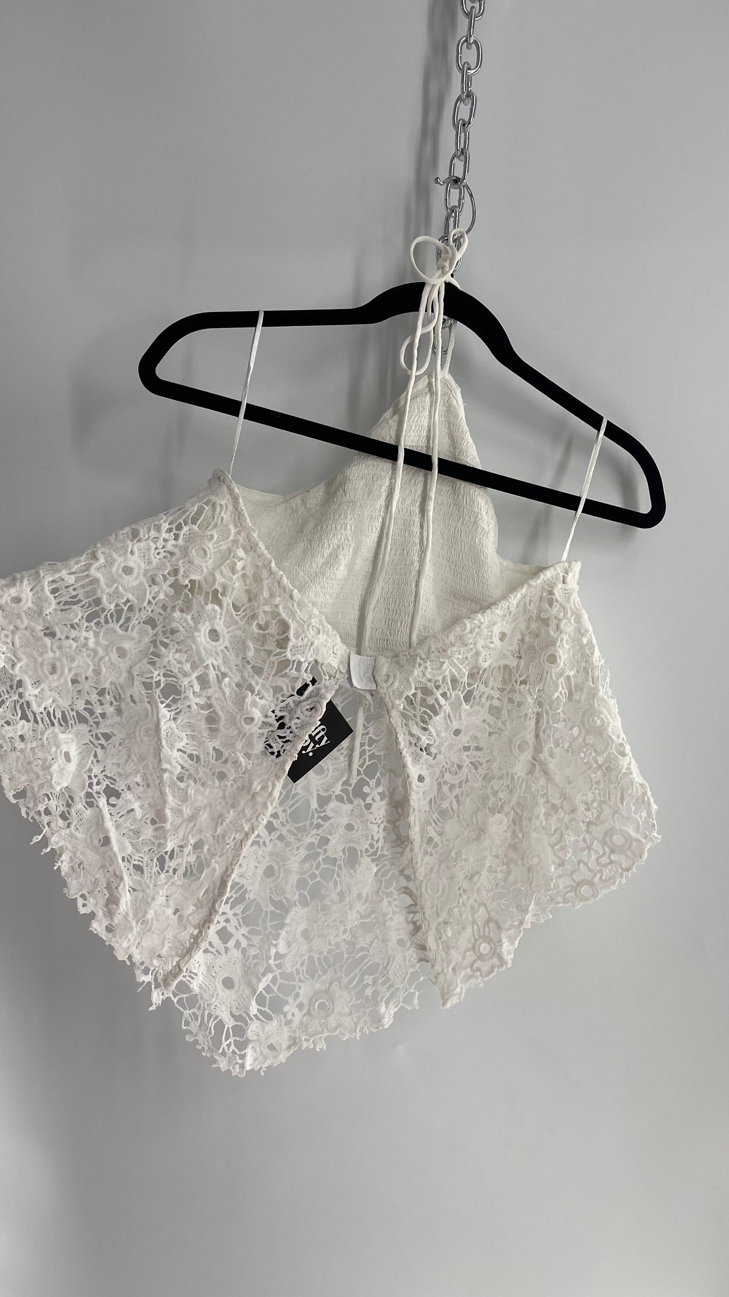 Free People White Smocked Halter with Lace Overlay (Medium)