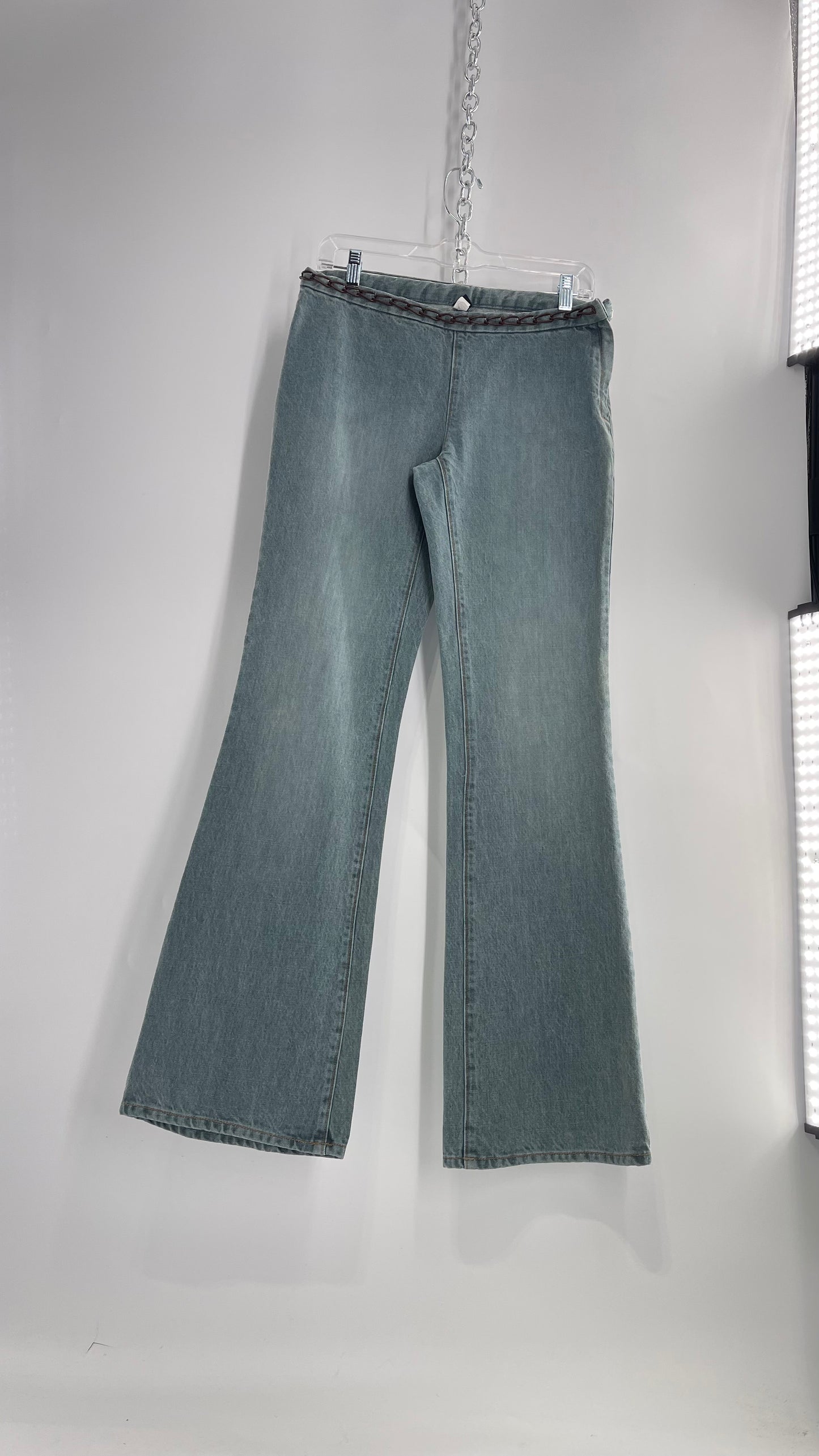 Vintage GAP Light Wash Denim Kick Flares with Bronze Chain Link Waistline (2)