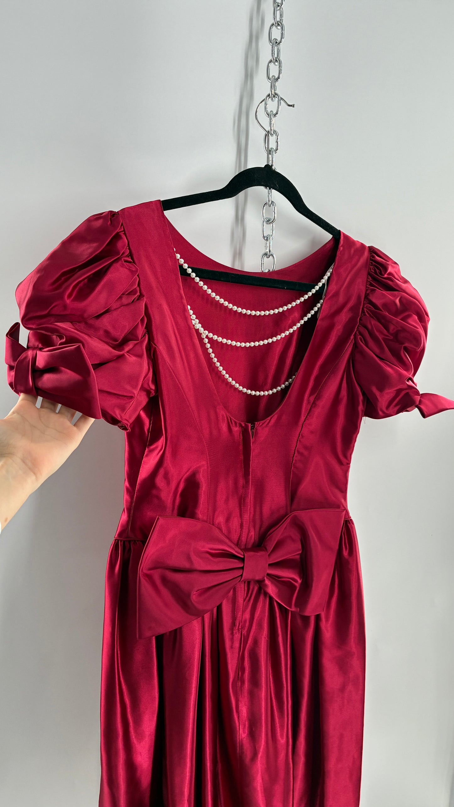 Vintage Red Silky Satin Corset Style Dress with Sweetheart Neckline, Puff Sleeves, Oversized Bow Bum, Open Back and Draping Pearls (10P)