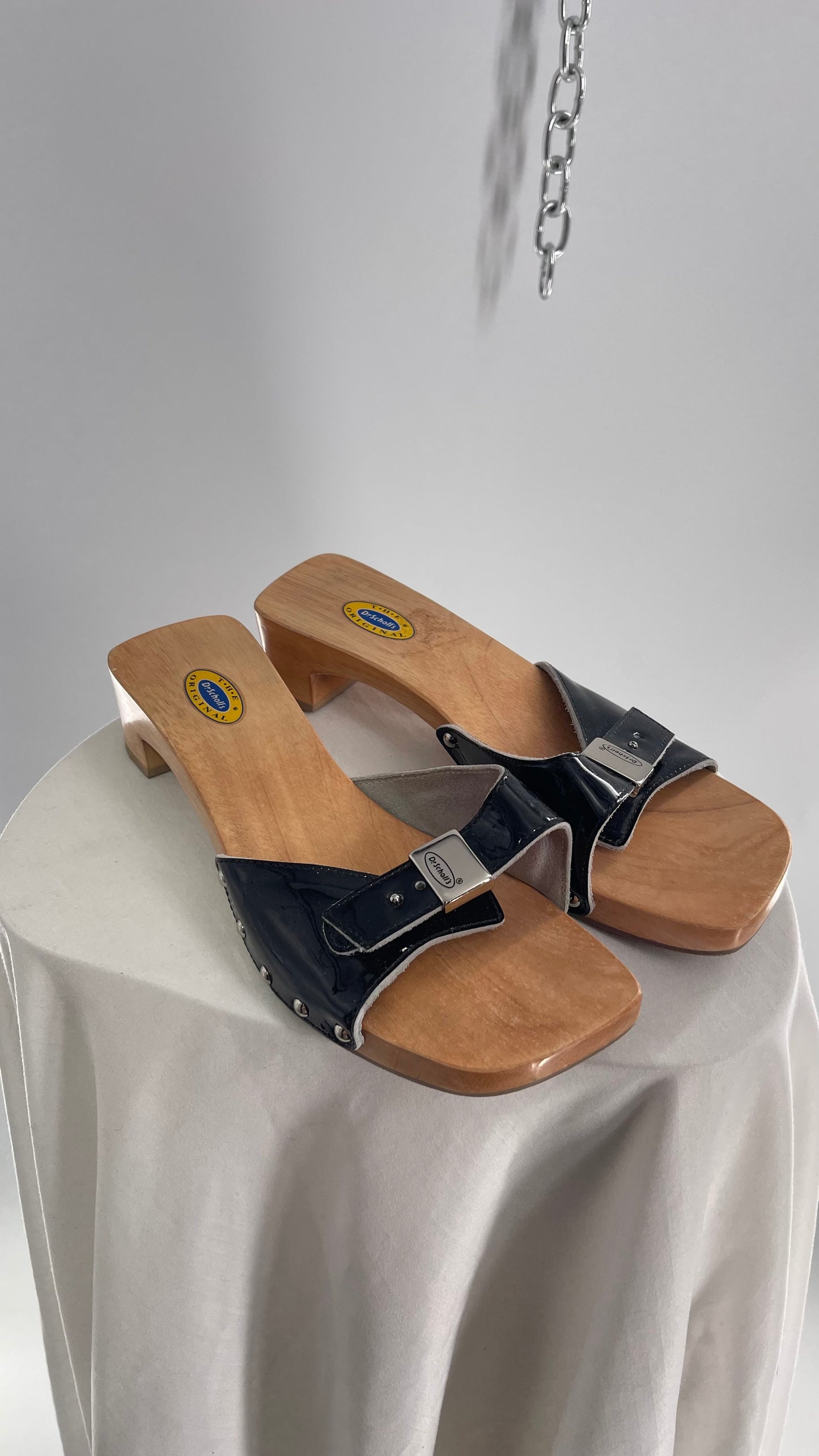 Vintage Dr.Scholls Black Studded Wooden Clog Sandal (8)