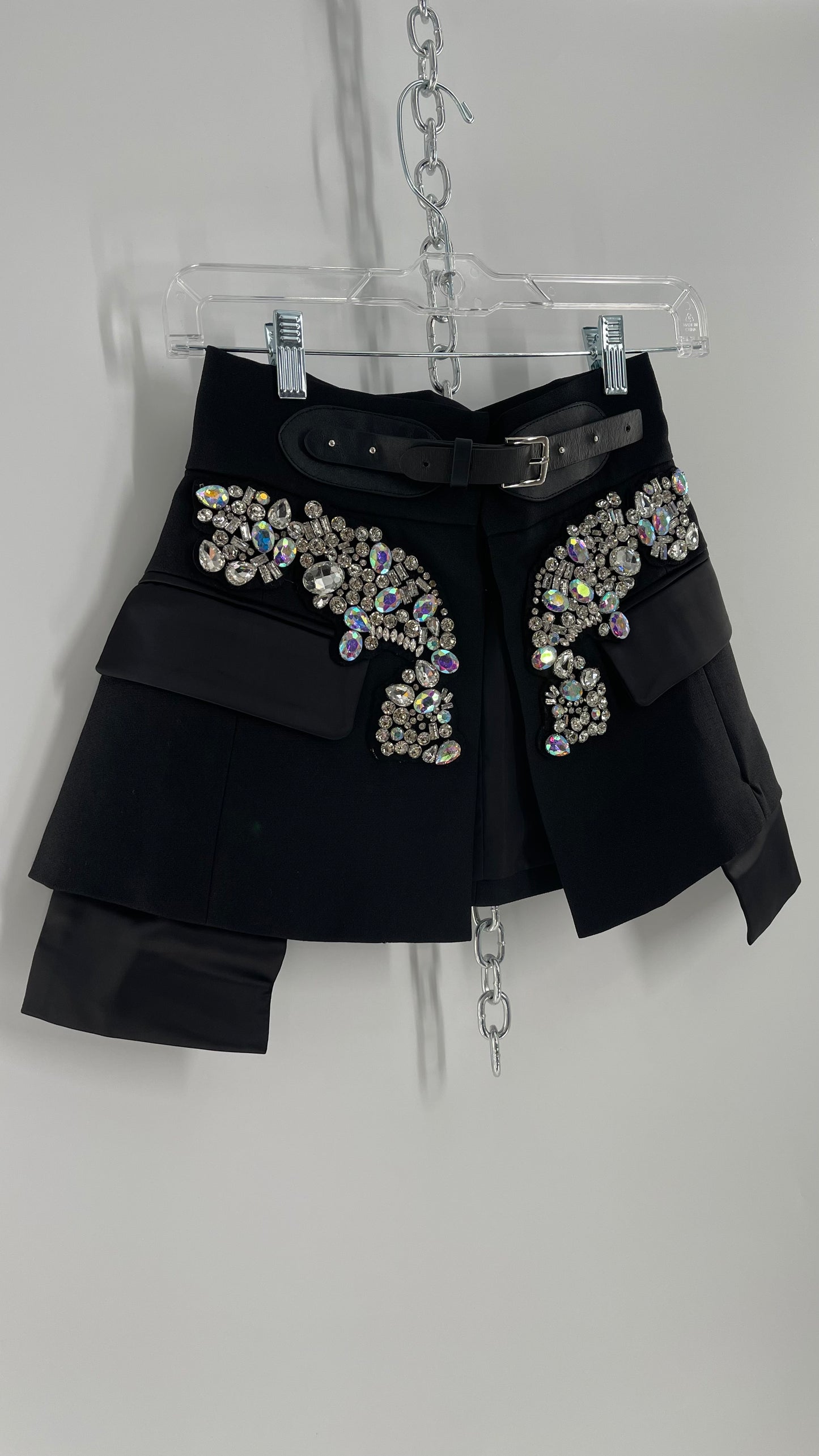 Black Skirt Belt Covered in Crystal Embellishments with Satin Flap Pockets (Medium)