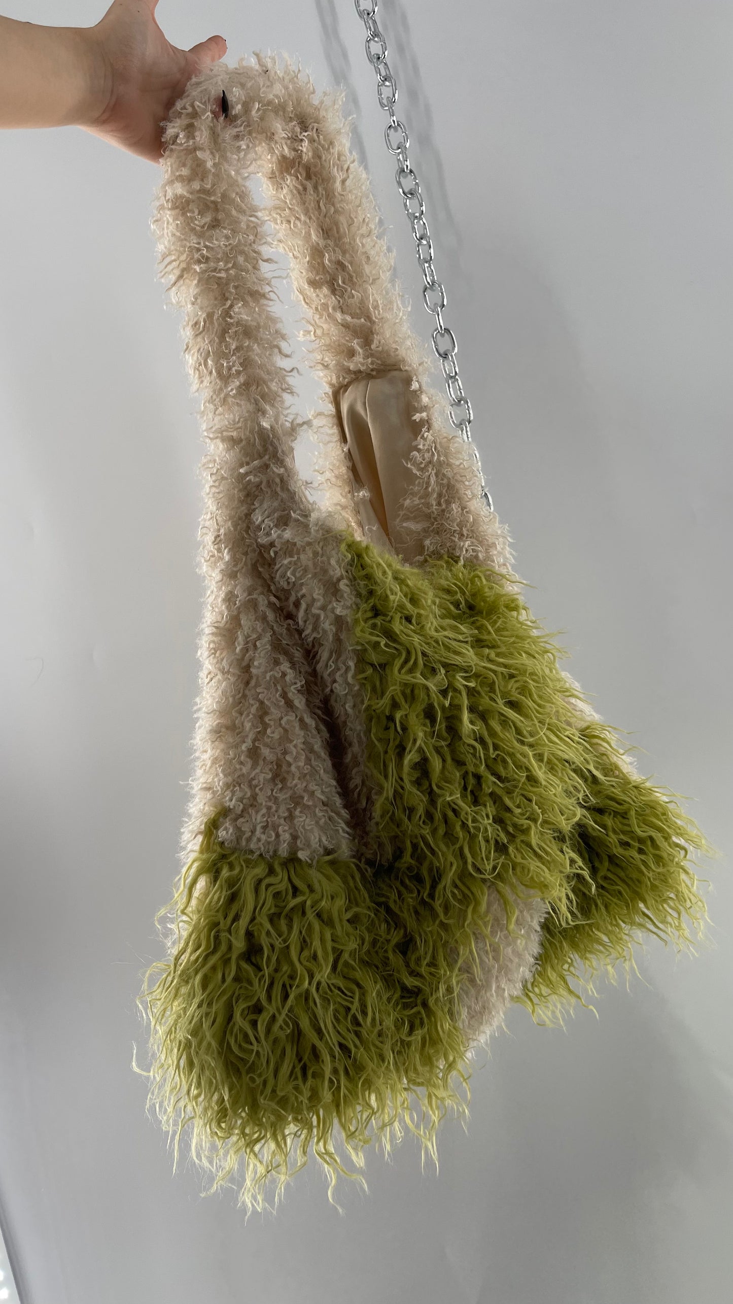 Free People Shaggy Green Beige Checkered Tote